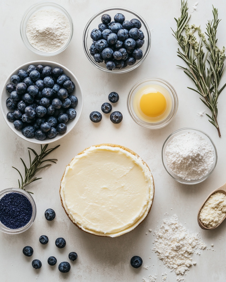 The image shows a slice of cheesecake with three clear layers on a white plate placed on a white marbled surface. The bottom layer is a firm, light brown crust that forms the base. Above it is a thick, creamy white layer of cheesecake filling that looks smooth and dense. The top layer has a crumbly, golden-brown streusel with patches of deep purple blueberries baked into it, some of which burst slightly and spread small dark purple stains down into the cheesecake layer below. Whole blueberries are scattered around the plate and surface. A fork and part of another white plate are visible blurred in the background. Photo taken with an iphone --ar 4:5 --v 7