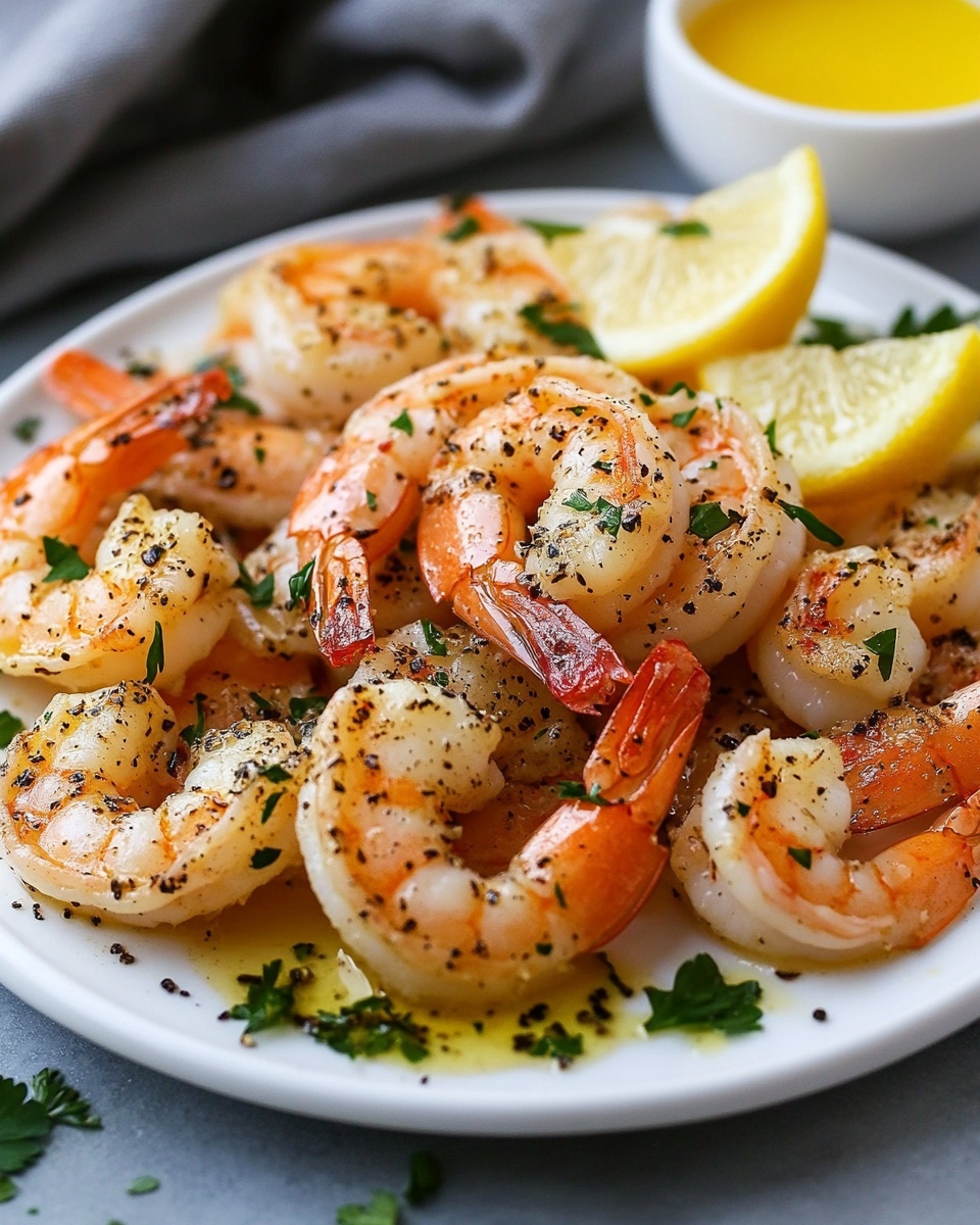 The dish shows a thick, round, dark brown grilled steak placed in the center of a white plate. Around the steak, there are several large grilled shrimp with orange shells and white meat, slightly charred on the edges. A rich light brown creamy sauce with small green herbs is poured over the top of the steak, dripping down onto the shrimp and pooling on the white marbled surface below. The sauce has a smooth texture with visible specks of black pepper and herbs, and small chopped green herbs are scattered on top of the sauce. The background is a white marbled texture. photo taken with an iphone --ar 4:5 --v 7