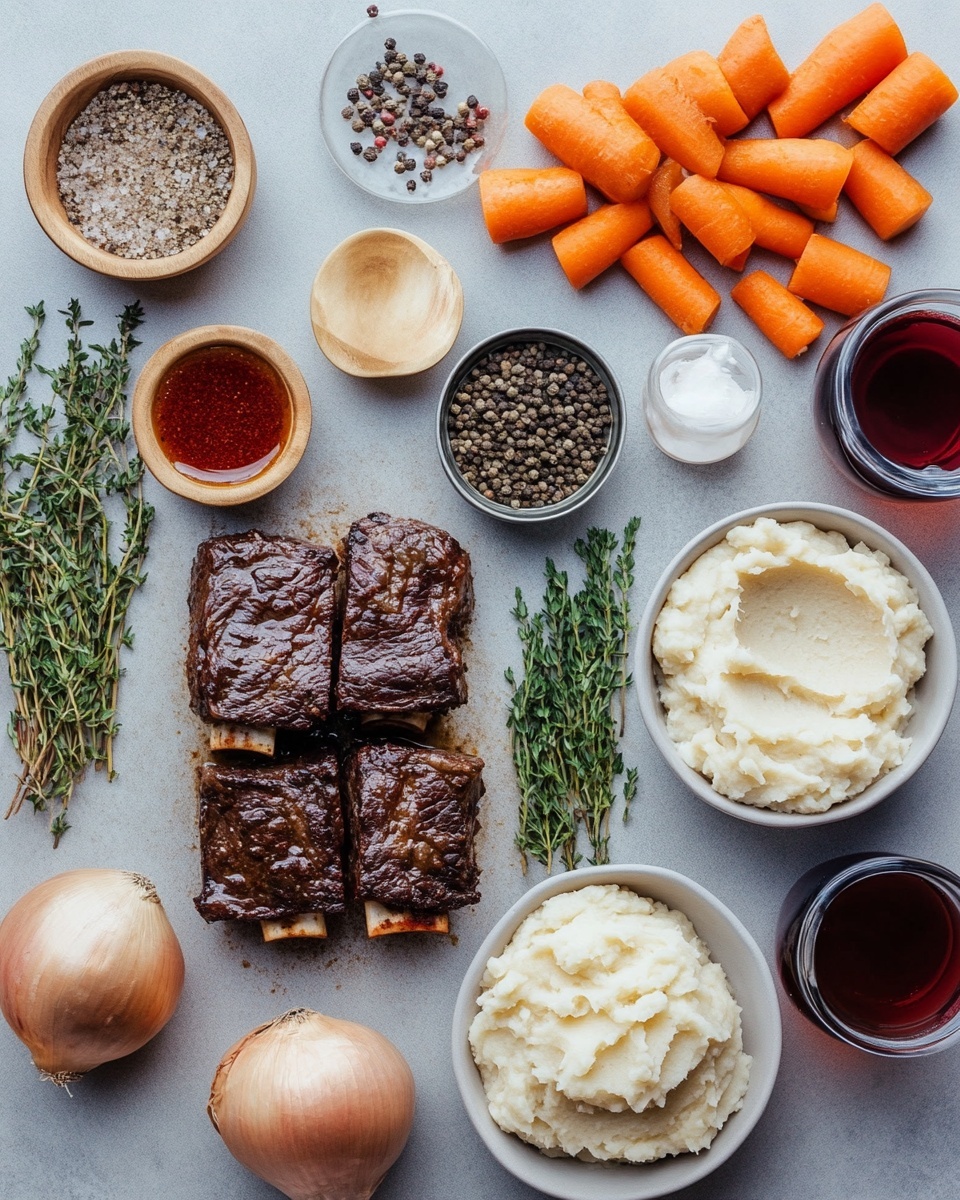 The image shows a white bowl filled with four thick pieces of dark brown, glazed meat resting in a rich, glossy sauce. The meat pieces are arranged closely together, with some fresh green herb leaves sprinkled on top and around. Nestled beside the meat is a light yellow spoonful of creamy mashed potatoes with a sprig of green thyme laid across the top. A roasted small potato is also visible in the sauce near the meat. The bowl sits on a white marbled surface, with a glimpse of a striped cloth near the top left edge. The lighting highlights the shine and texture of the meat and sauce, making the dish look warm and inviting. photo taken with an iphone --ar 4:5 --v 7