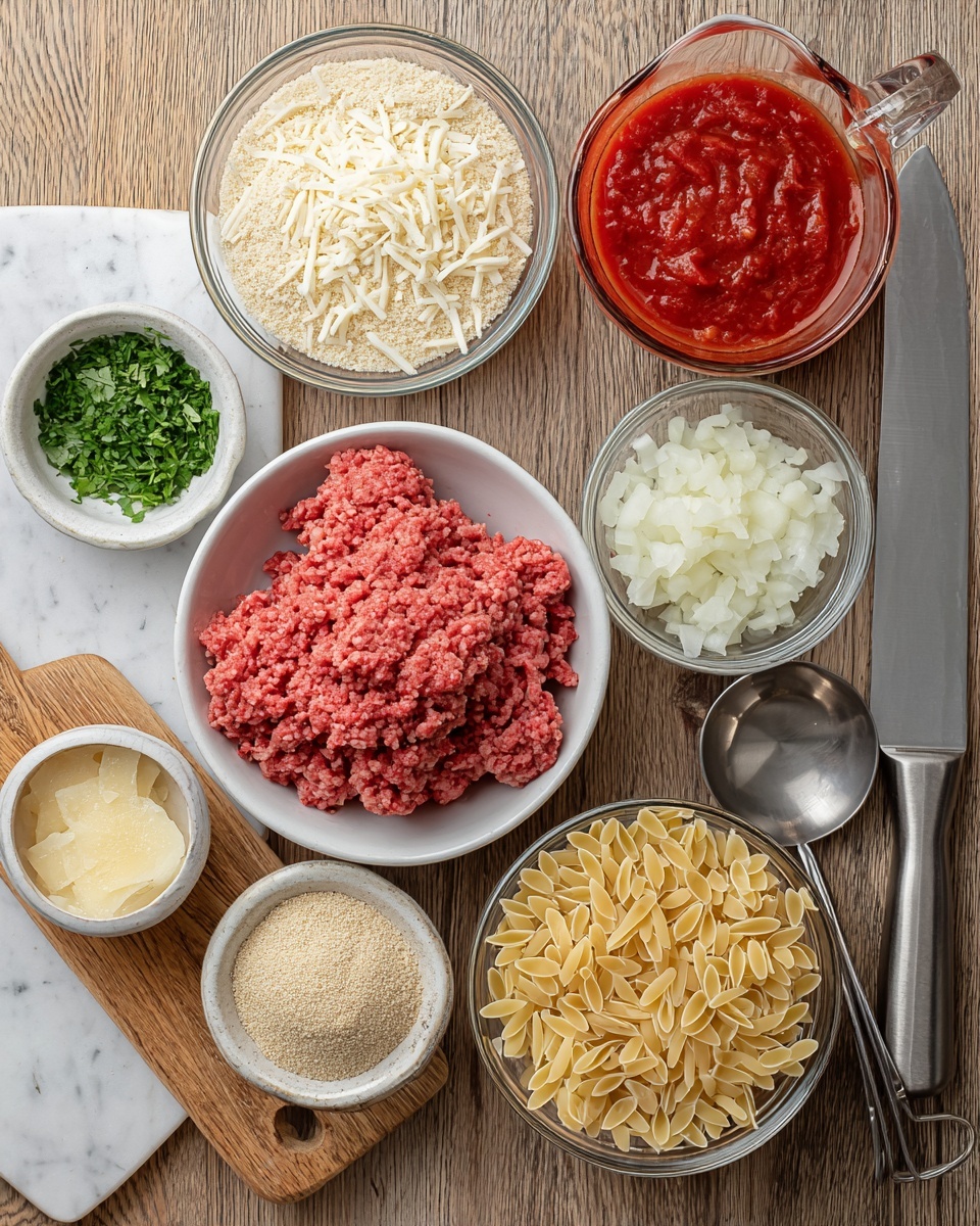 A top view shows various raw ingredients neatly arranged on a dark wooden surface for preparing a dish. In the center, there is a white bowl filled with fresh, pink ground meat. To the top left, a clear glass bowl contains dry breadcrumbs with a small heap of shredded light yellow cheese. Next to it, another clear glass bowl holds finely chopped white onions. Below these, a small white bowl has a smooth light yellow paste, and another small white bowl with a grainy pale seasoning powder is beside it. On a wooden cutting board, finely chopped green herbs are spread out. To the right, a clear glass bowl is filled with dry, pale yellow orzo pasta. There is a glass jar of rich red tomato sauce with visible chunks near the right edge. A sharp silver knife lies above the sauce. Around the bowls, there are small metal measuring spoons scattered, adding to the arrangement. The setting is clean and organized, with everything clearly visible and ready for cooking photo taken with an iphone --ar 4:5 --v 7