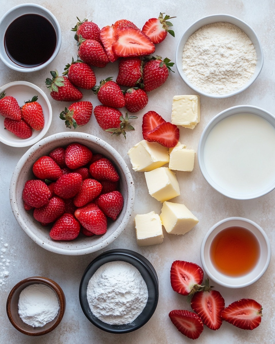 The dish is in a clear glass baking dish, showing a close-up view of a layered dessert. The bottom layer is made of golden-brown baked dough pieces with a slightly crispy and caramelized texture. On top of that, there is a layer of juicy red strawberries cut into halves and quarters, spread evenly across the surface. A light white drizzle, probably cream or icing, is poured unevenly over the strawberries and dough, adding a shiny, moist look. The glass dish sits on a white marbled surface. photo taken with an iphone --ar 4:5 --v 7