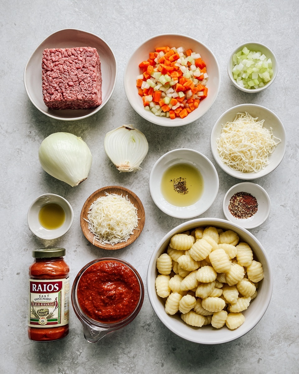 This image shows a white rectangular casserole dish filled with a baked dish consisting of three visible layers. The bottom layer is chunky, dark red-brown meat sauce with pieces of ground meat and small orange carrot bits. The middle layer has plump, soft gnocchi that are light golden with sauce coloring parts of them reddish. The top layer is golden brown melted cheese, slightly browned in spots, covering the entire dish evenly. The edges of the casserole dish are clean white, and the dish is placed on a white marbled surface. photo taken with an iphone --ar 4:5 --v 7