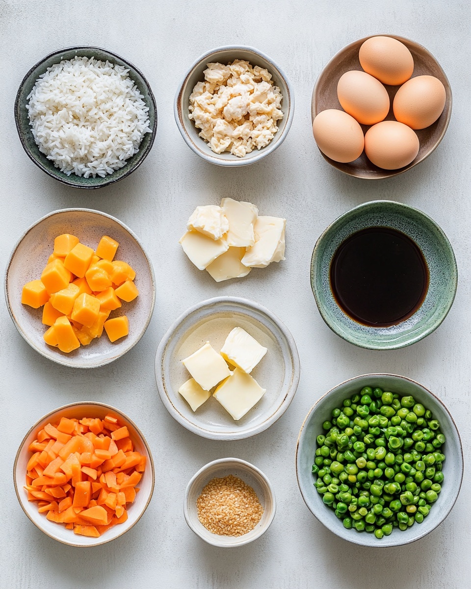 The image shows a white plate with three main sections: on the left, several pieces of cooked light brown chicken pieces with a slightly shiny and smooth texture; in the middle background, a dome-shaped serving of fried rice mixed with small green peas and bits of egg, all in light yellow and green tones; on the right background, a mix of sautéed vegetables including thick slices of mushrooms, green zucchini, and onions, topped with white sesame seeds. A small white bowl filled with creamy light brown sauce sits near the center, where a pair of silver chopsticks hold a piece of chicken partly dipped in the sauce. The plate rests on a white marbled surface, and the overall lighting is bright and natural, highlighting the food's textures and colors. photo taken with an iphone --ar 4:5 --v 7