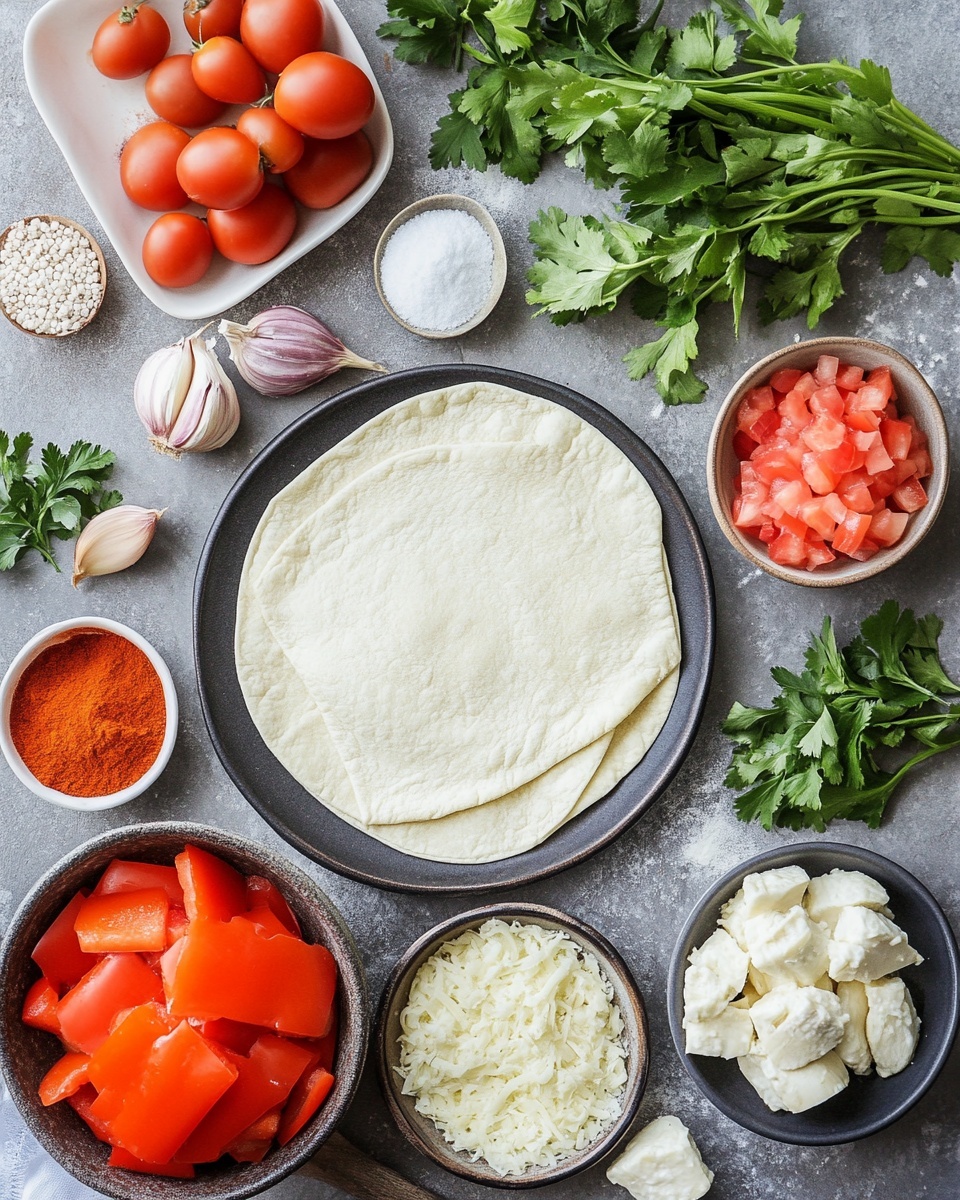 A white baking dish filled with a layered baked dish. The bottom layer consists of rolled tortillas covered in melted light golden cheese. On top of the cheese, there is a colorful mix of chopped red tomatoes, finely diced purple onions, and small pieces of green scallions. A few slices of green jalapeño peppers are arranged in the center. The dish is sprinkled with green herbs to finish. The whole dish sits on a white marbled surface with some lime slices and green herbs blurred in the background. Photo taken with an iphone --ar 4:5 --v 7