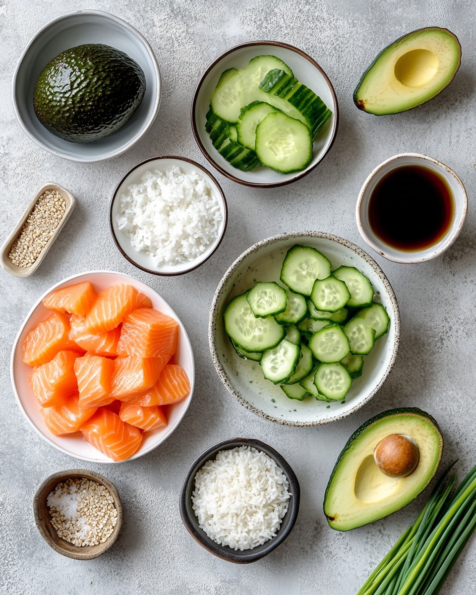 A white bowl on a white marbled surface holds a colorful poke bowl with four main layers. At the bottom is a layer of white rice with a soft, slightly sticky texture. On the left side, there are slices of fresh green cucumber with a smooth, shiny surface sprinkled with herbs. On the right side are thin slices of avocado, displaying a pale yellow-green color and smooth texture with some seasoning on top. In the center, small pieces of browned, cooked fish are topped with a light orange sauce and sprinkled with green chopped chives and sesame seeds. Two wooden chopsticks rest on the left side of the bowl, partially touching the rice. photo taken with an iphone --ar 4:5 --v 7