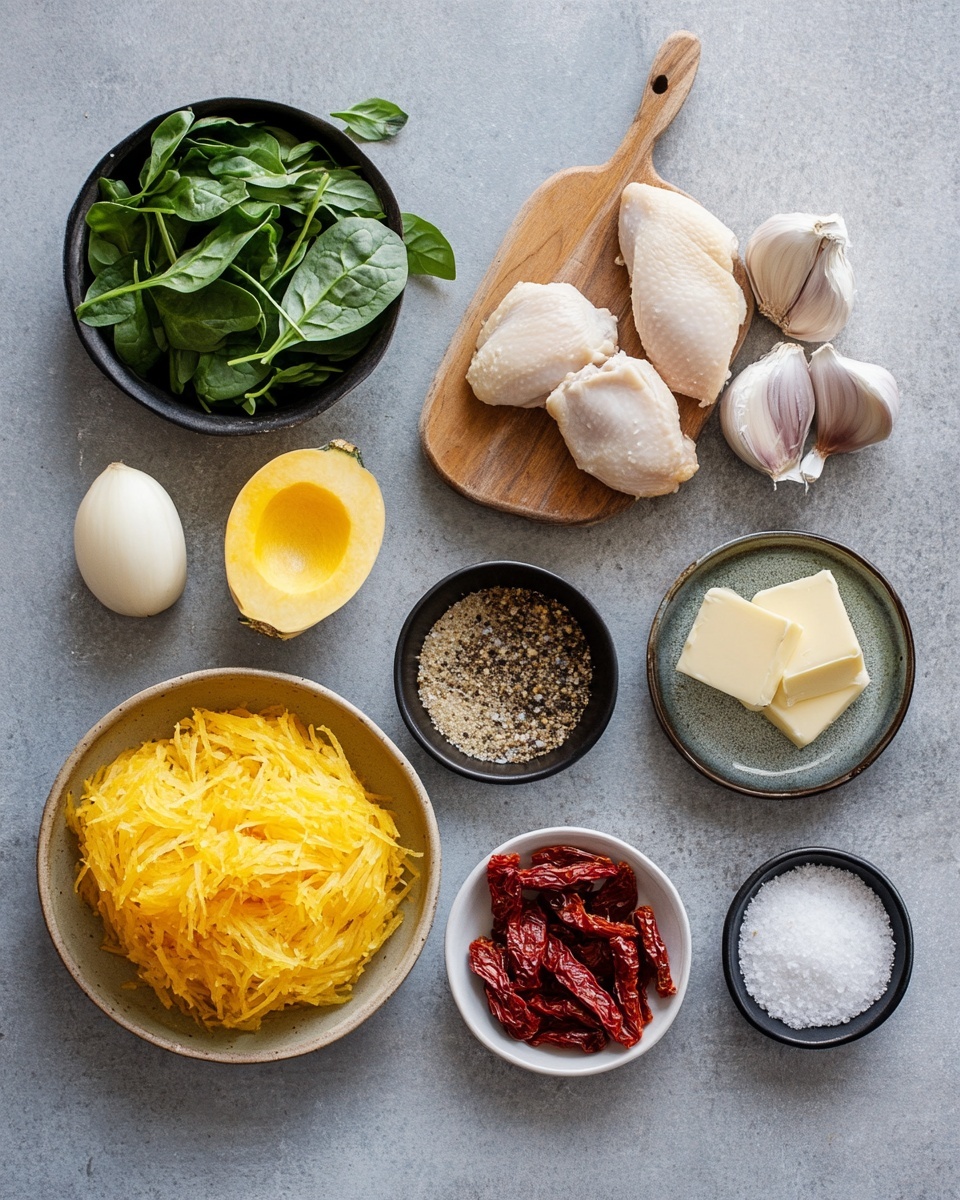 The image shows a close-up of a creamy pasta dish with three main layers: the bottom layer is light yellow spaghetti noodles covered in a smooth, creamy sauce; scattered on top are golden brown grilled chicken pieces with some black pepper seasoning; mixed among the noodles and chicken are bright green spinach leaves adding a fresh texture; there are also pieces of sun-dried red tomatoes adding pops of deep red color. A wooden spoon is partially visible on the right side, stirring the dish. The background is a white marbled texture. photo taken with an iphone --ar 4:5 --v 7