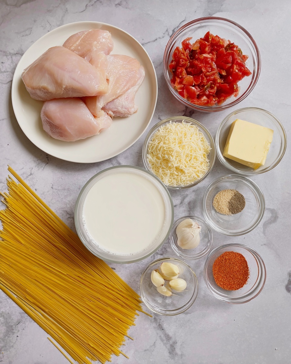A large white pan filled with two neat piles of light yellow fettuccine pasta covered in a creamy orange sauce with visible red spices. On the left side, there's a sliced grilled chicken with a dark brown charred crust, arranged in a row over the sauce. The dish is garnished with small green herb leaves and sprinkled with black pepper and white cheese. Next to the pan, on the white marbled surface, sits a small clear bowl of grated white cheese with some cheese spilled around it. In the bottom left corner, there are several slices of light brown bread partly visible. Photo taken with an iphone --ar 4:5 --v 7