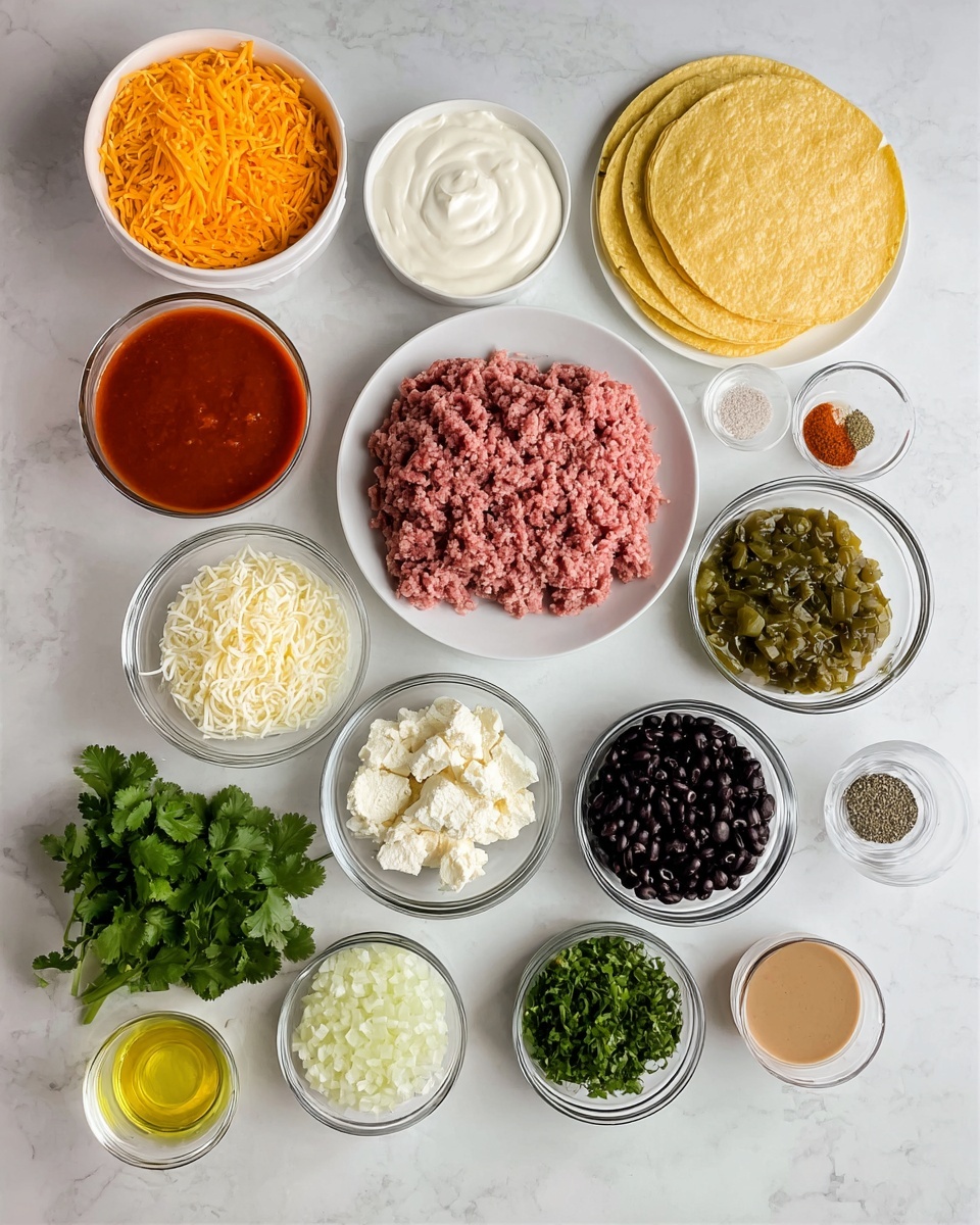 A top-down view shows a white marbled surface with several small clear glass bowls and white bowls arranged in a loose circle, each holding different ingredients. Starting from top left, there is a white bowl filled with orange shredded cheese, next to it a small clear bowl of thick white cream, a white plate with bright pink raw ground meat neatly packed in rectangular strips, a small bowl with chopped white onions, and another with white diced cheese. Near the center sits a clear bowl filled with glossy black beans, below it a bowl of finely chopped green peppers and another bowl of light orange creamy sauce with visible texture. Two round pale yellow tortillas are stacked near the bottom center, flanked by two small bowls of red and black spices and a small bunch of fresh green cilantro leaves. Nearby, a bowl with green salsa and a small bowl with clear oil sit side by side. A glass jug with dark brown liquid and another with reddish sauce complete the arrangement, all on a white marbled surface. Photo taken with an iphone --ar 4:5 --v 7
