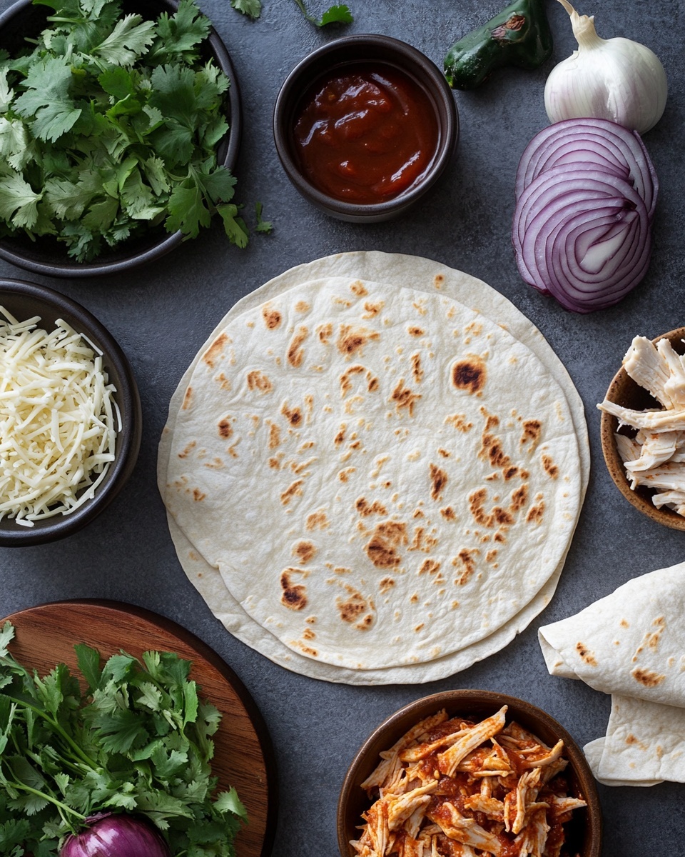 The image shows three triangular quesadilla pieces stacked on a white plate. Each piece has a golden-brown grilled tortilla on the outside, with visible melted cheese and chunks of reddish-brown cooked chicken inside. The filling also contains some dark brown beans or sauce mixed with the chicken and cheese. Small green herb bits are sprinkled on top of the quesadillas and around the plate. The plate sits on a surface with a white marbled texture, and the background is softly blurred. Photo taken with an iphone --ar 4:5 --v 7
