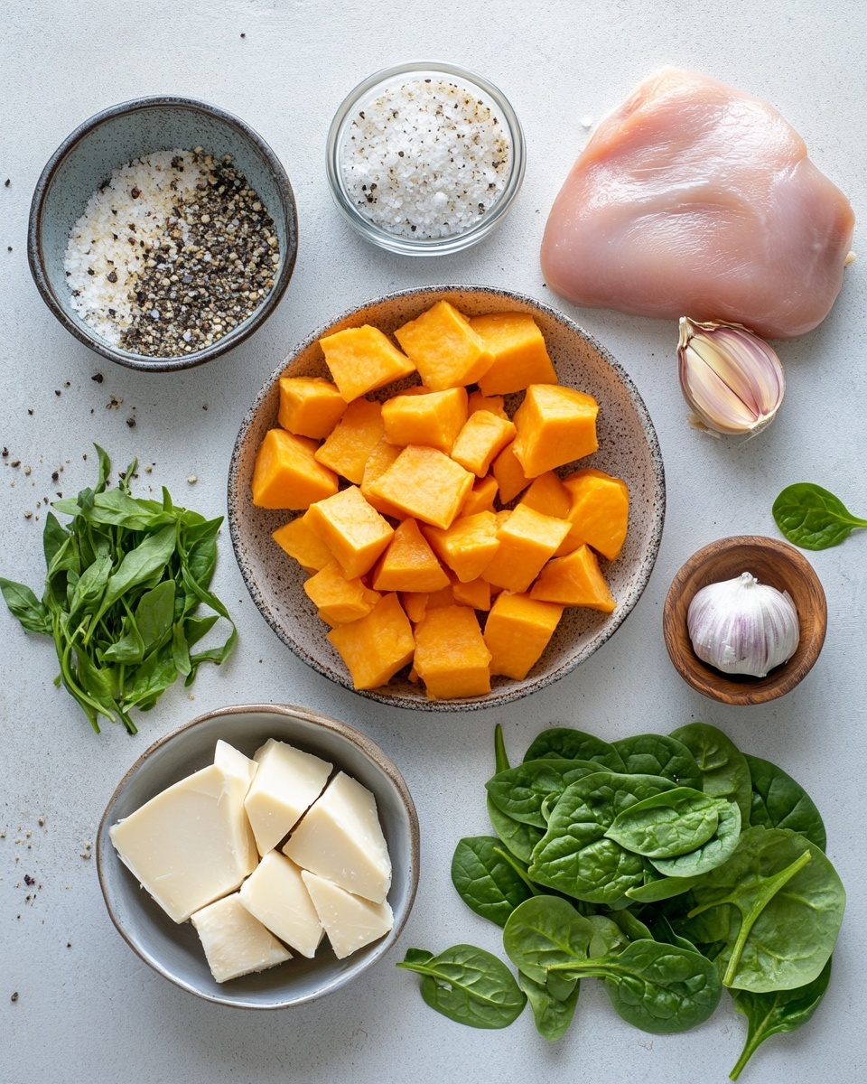The image shows a large white rectangular glass baking dish filled with a creamy baked pasta dish. The pasta is a light golden color mixed with chunks of white chicken seasoned with black pepper, orange roasted sweet potato pieces with slightly browned edges, and bits of fresh green spinach scattered throughout. The creamy sauce coats the ingredients, giving a soft, smooth texture, while some melted cheese is slightly browned on top. A black spoon is scooping a portion, revealing layers of creamy sauce, chicken, pasta, sweet potato, and spinach. The baking dish is placed on a white marbled surface. Photo taken with an iphone --ar 4:5 --v 7