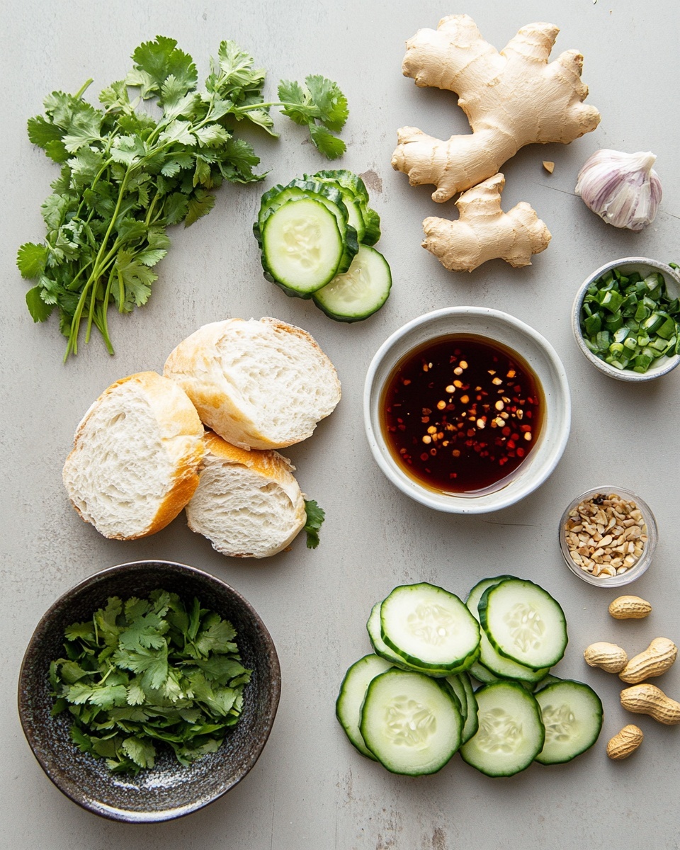 A close-up of an open-faced sandwich on a single thick slice of toasted bread, golden brown and slightly crispy, topped with a layer of shredded cooked meat in a brown sauce. On top of the meat are whole peanuts scattered, followed by fresh green herbs like cilantro and chopped green onions. Several slices of fresh cucumber are placed evenly along the sandwich, with a light drizzle of creamy orange sauce zigzagged over everything. The sandwich is placed on a white marbled surface, with a few cucumber slices lying nearby. Photo taken with an iphone --ar 4:5 --v 7