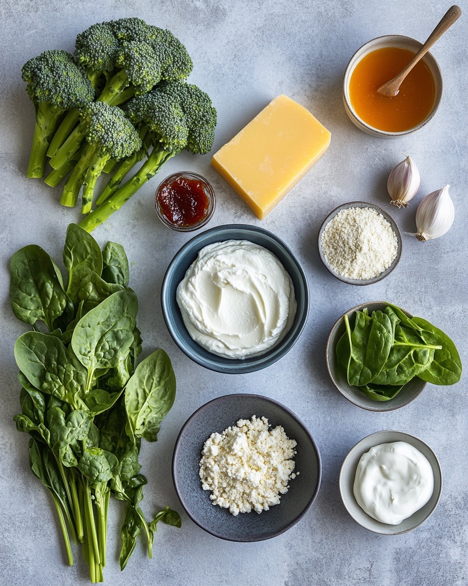 This image shows a flat, round pizza with a golden-brown crust. The first layer is a light spread of white cheese covering the surface. On top are scattered small brown pieces of cooked meat, green leafy vegetables and broccolini stalks spread evenly, and thin slices of red chili pepper adding bright color. A woman's hand is holding a golden spoon with a thick, dark red sauce, about to spread it on the pizza. The pizza rests on white parchment paper over a white marbled surface. photo taken with an iphone --ar 4:5 --v 7