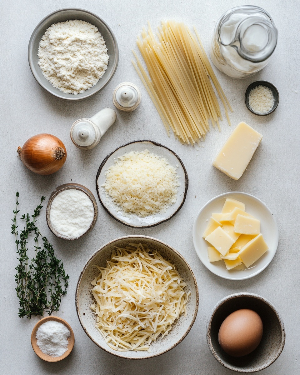 A round white pot filled with a creamy pasta dish, showing about three layers: the pasta mixed in a light beige creamy sauce forms the base layer, followed by a generous sprinkle of shredded pale yellow cheese spread evenly on top, and finished with uneven patches of dark brown caramelized onions scattered across the surface. The creamy sauce is visible around the edges, slightly thick and smooth with some baked cheese hints. The pot sits on a white marbled surface. Photo taken with an iphone --ar 4:5 --v 7