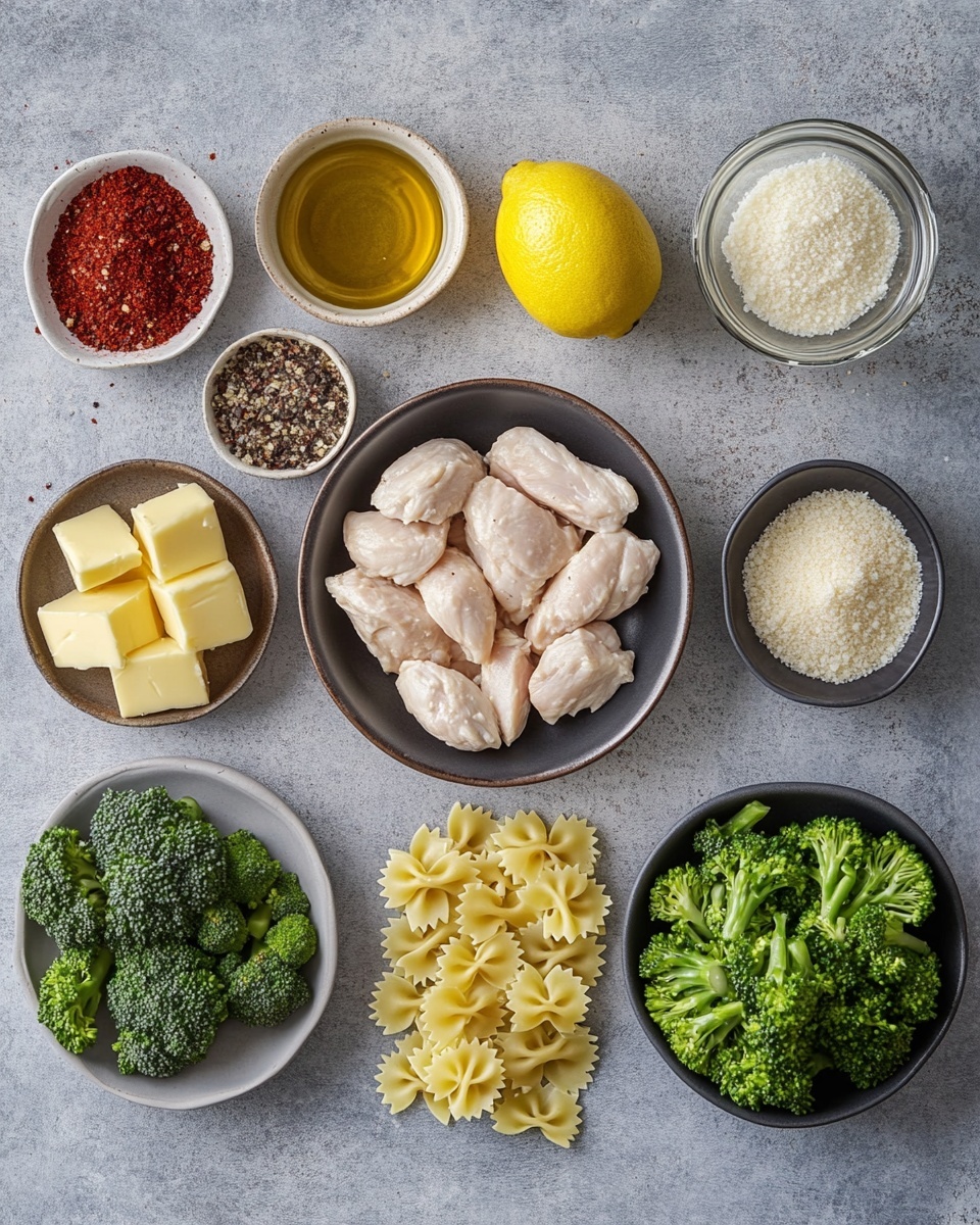 A white plate holds a layered dish starting with a base of bowtie pasta in a pale yellow color. On top of the pasta, there are small pieces of red bell pepper scattered evenly. Above this, lightly browned chicken pieces are placed, covered in a creamy sauce that includes bits of sausage and melted yellow cheese. Bright green broccoli florets are placed on the edges and mixed in lightly. Small green parsley leaves are sprinkled on the top, adding a fresh look. The background is a white marbled texture photo taken with an iphone --ar 4:5 --v 7