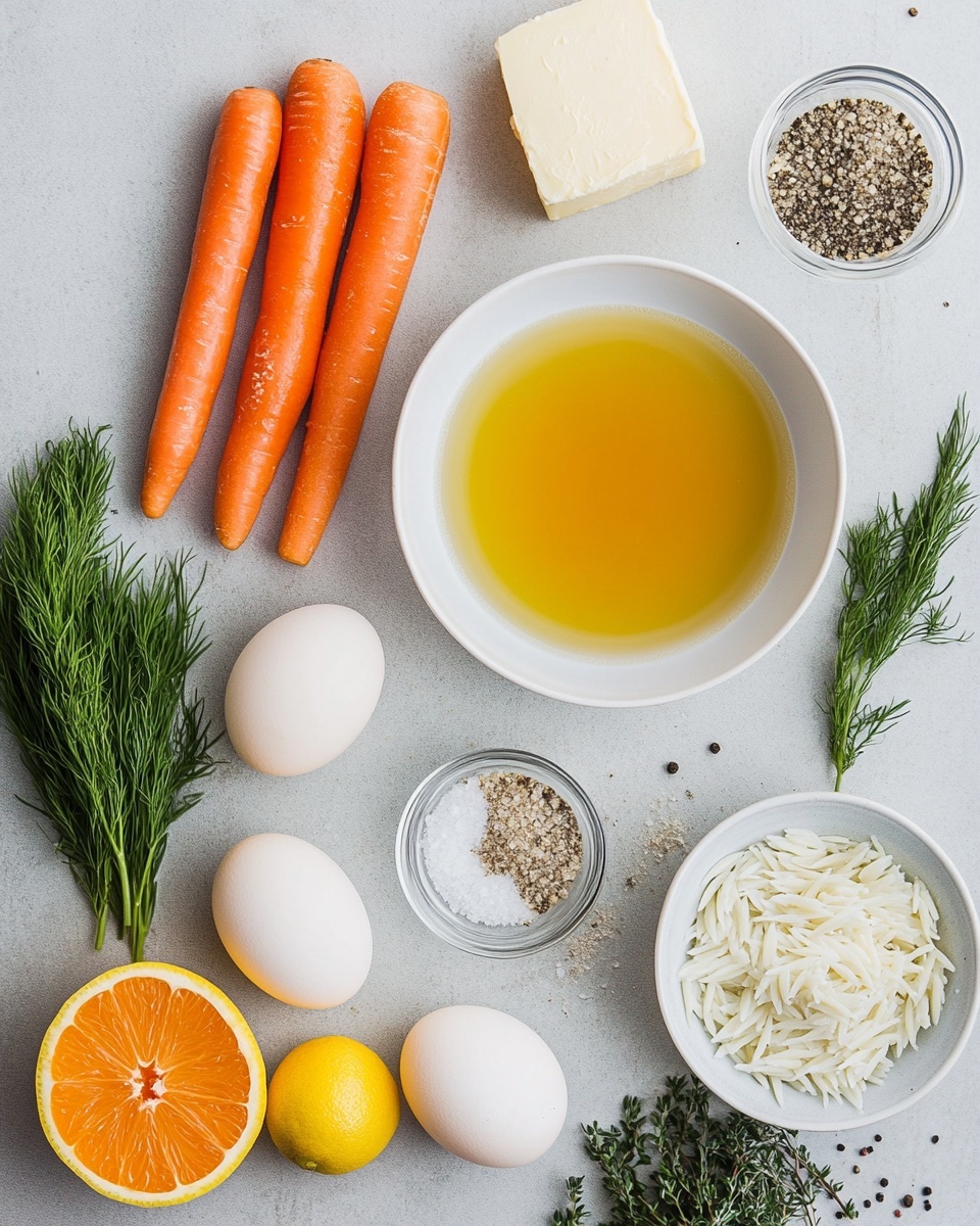 This image shows a bowl of light yellow soup with a creamy texture, filled with small pieces of orange carrots, white noodles, and bits of green herbs scattered throughout. On one side of the bowl, five thin lemon slices are layered on top of each other, adding a bright yellow contrast. Next to the lemon slices, a bunch of fresh green dill is placed inside the bowl. The bowl itself is dark gray with a smooth finish, sitting on a white plate with a gold ladle resting beside it. The background is a white marbled surface. photo taken with an iphone --ar 4:5 --v 7