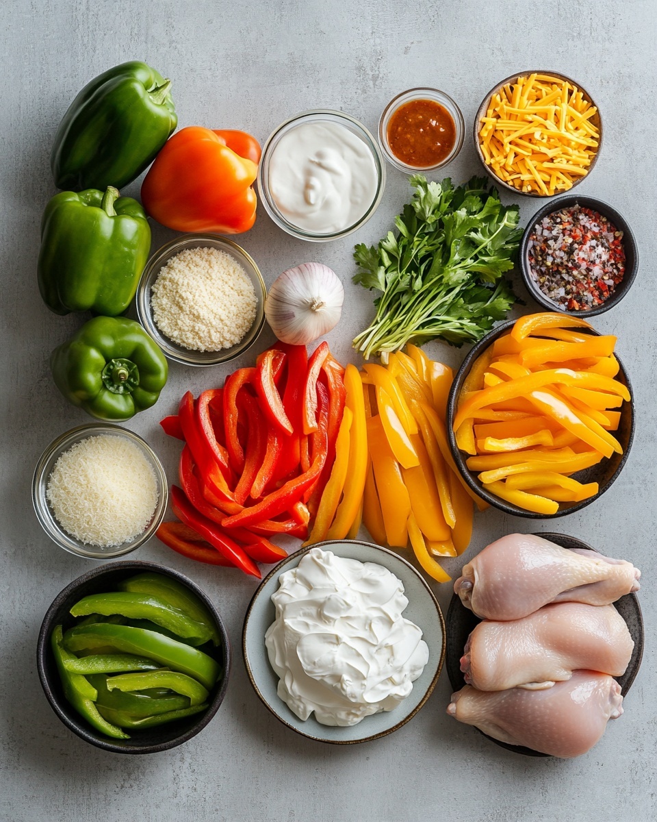 The image shows a white marbled surface with a red cutting board placed diagonally, holding sliced purple onions, a bunch of fresh green cilantro, and a lime cut in half alongside a whole lime. Next to the cutting board are whole red and yellow bell peppers. Nearby, there is a white bowl filled with shredded cheese and a dark green bowl containing small pieces of light brown cooked chicken. Two round, light brown tortillas with a slightly toasted texture lie stacked toward the top right. Small bowls hold various powdered spices, salt, and pepper. A small measuring cup with golden-yellow oil sits to the upper left. The scene is clean and organized with vibrant colors. photo taken with an iphone --ar 4:5 --v 7
