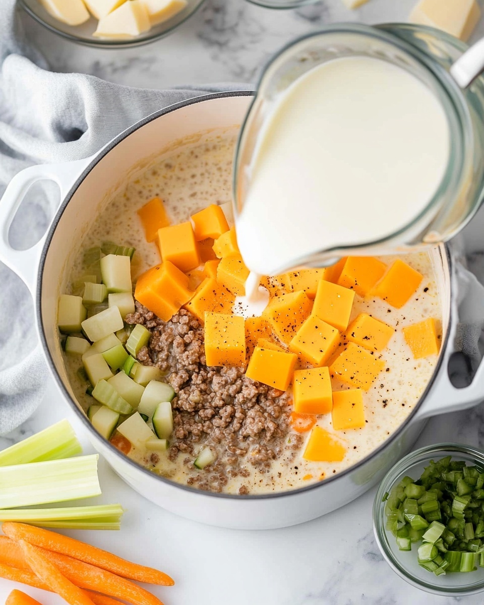 A white pot filled with a creamy mixture made of browned ground meat, yellowish potato chunks, and small bits of orange carrot and green celery, topped with large, thick, bright yellow cubes of cheese in the center. Cream is being poured from a clear glass measuring cup into the pot, adding a white liquid layer on the right side. Around the pot on a white marbled surface are small white bowls holding diced carrot, celery, and cheese cubes, with two cheese cubes also placed beside the pot. A soft gray cloth lies to the left of the pot. Photo taken with an iphone --ar 4:5 --v 7