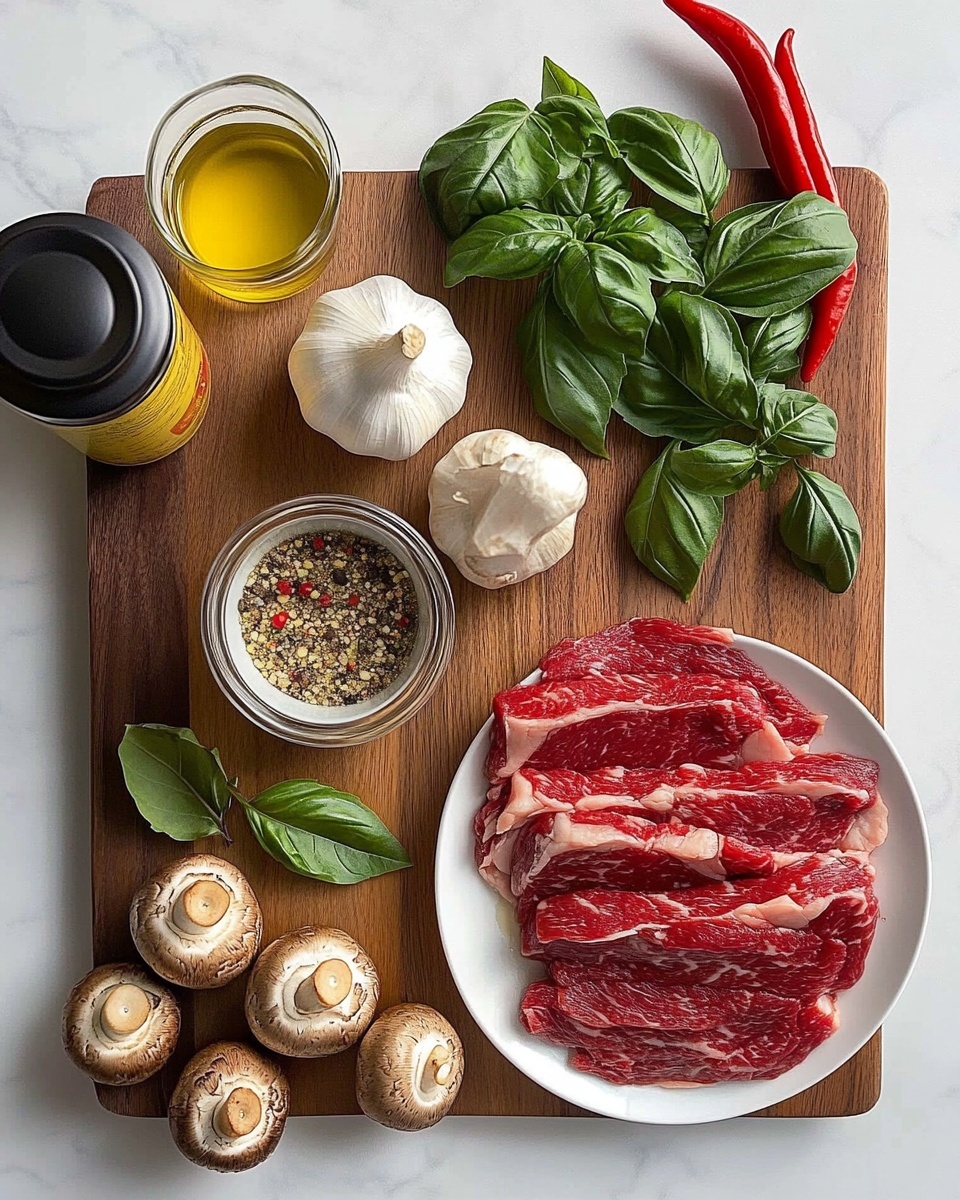 The image shows several cooking ingredients arranged on a dark wooden board placed on a white marbled surface. On the right side of the board, there is a white plate with three large raw beef steaks, red with white fat marbling. Above the steaks, a small white bowl holds white cream topped with red chili flakes and herbs. Next to it, fresh green basil leaves and a small sprig of dried herbs lie on the board. Towards the center left, there are eight brown mushrooms with smooth caps, a whole white garlic bulb, and a red bell pepper. Below these, a small glass cup filled with pale yellow oil and a clear measuring cup with a brown liquid rest. A closed silver can sits in the lower left corner, and a dark-colored bottle stands near the garlic. The photo has soft lighting and is taken with an iphone --ar 4:5 --v 7