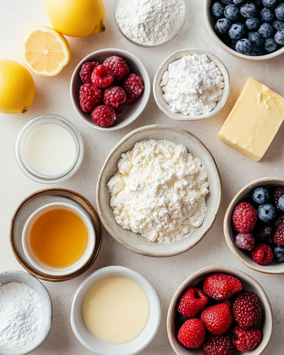 A round cake with three visible layers covered in smooth white frosting. The sides have rows of large, teardrop-shaped dollops of white frosting arranged neatly all around. On top, near the edge, there is a small cluster of fresh berries including whole strawberries, halved strawberries, blueberries, and raspberries, placed on small dollops of white frosting. The cake is on a clear glass cake stand, set on a white marbled surface with some scattered berries in the background. Photo taken with an iphone --ar 4:5 --v 7