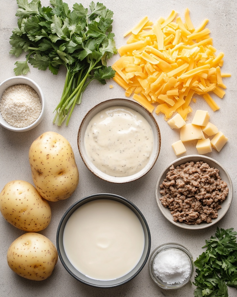 A white plate filled with a layered dish consisting of thin, round slices of pale yellow potatoes mixed with a creamy sauce containing browned ground meat. The top layer shows melted orange cheese slightly browned around the edges, with small green parsley pieces sprinkled over the entire dish. The plate rests on a white marbled surface, with a pair of potatoes, green parsley, a salt shaker, and a pepper shaker positioned nearby. Part of a white baking dish with the same dish is visible at the top right, and a green-striped white napkin is at the bottom right. Photo taken with an iphone --ar 4:5 --v 7