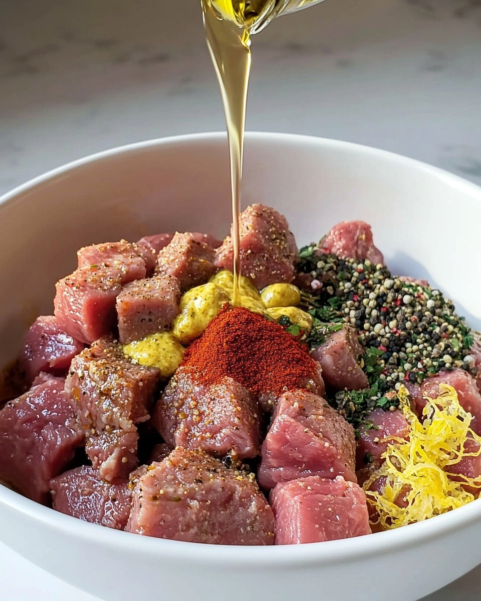 In a white bowl, there are several pieces of raw red meat stacked together. On top of the meat, there are different spices and herbs sprinkled, including a bright orange powder, finely chopped green herbs, some black pepper, and a small pile of yellow lemon zest. There is also a dollop of creamy yellow mustard on the right side of the bowl. Golden liquid is being poured from above, slowly drizzling onto the meat and spices. The bowl is placed on a white marbled surface. photo taken with an iphone --ar 4:5 --v 7