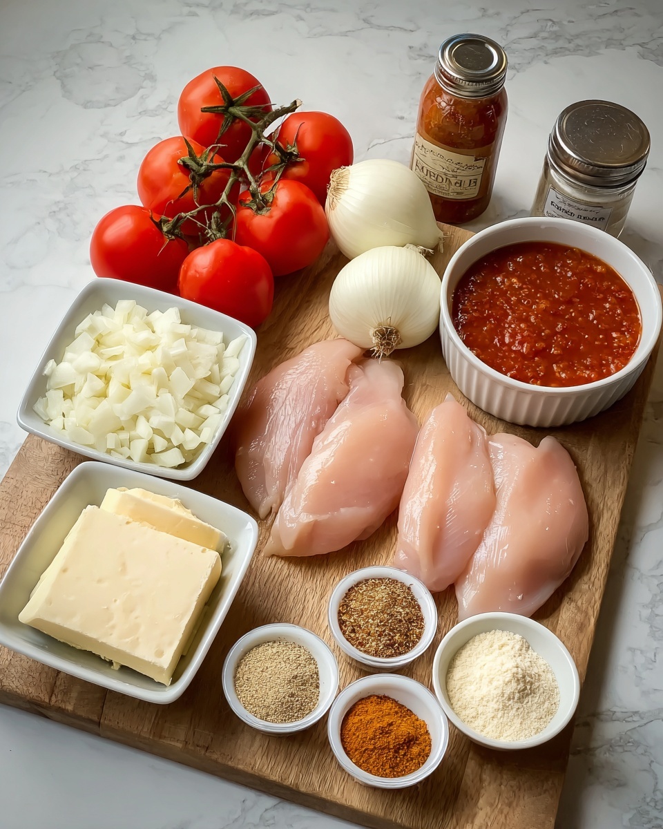 The image shows a wooden board with several cooking ingredients neatly placed on it, lying on a white marbled surface. At the back, there is a cluster of bright red tomatoes still on the vine next to a pale purple garlic bulb. In front of them, four pieces of raw, pale pink chicken sit flat. To the right, there are three whole brown onions lying close together. Alongside these, a white bowl holds a reddish-brown sauce, while another white bowl contains a pale grainy powder. At the front left, a white square dish is stacked with thick pale yellow butter slices, and next to it is another white square dish filled with chopped white onions. In the foreground, two small white round bowls hold white salt crystals and a coarse, dark reddish-brown spice mix. In the background, a jar labeled 