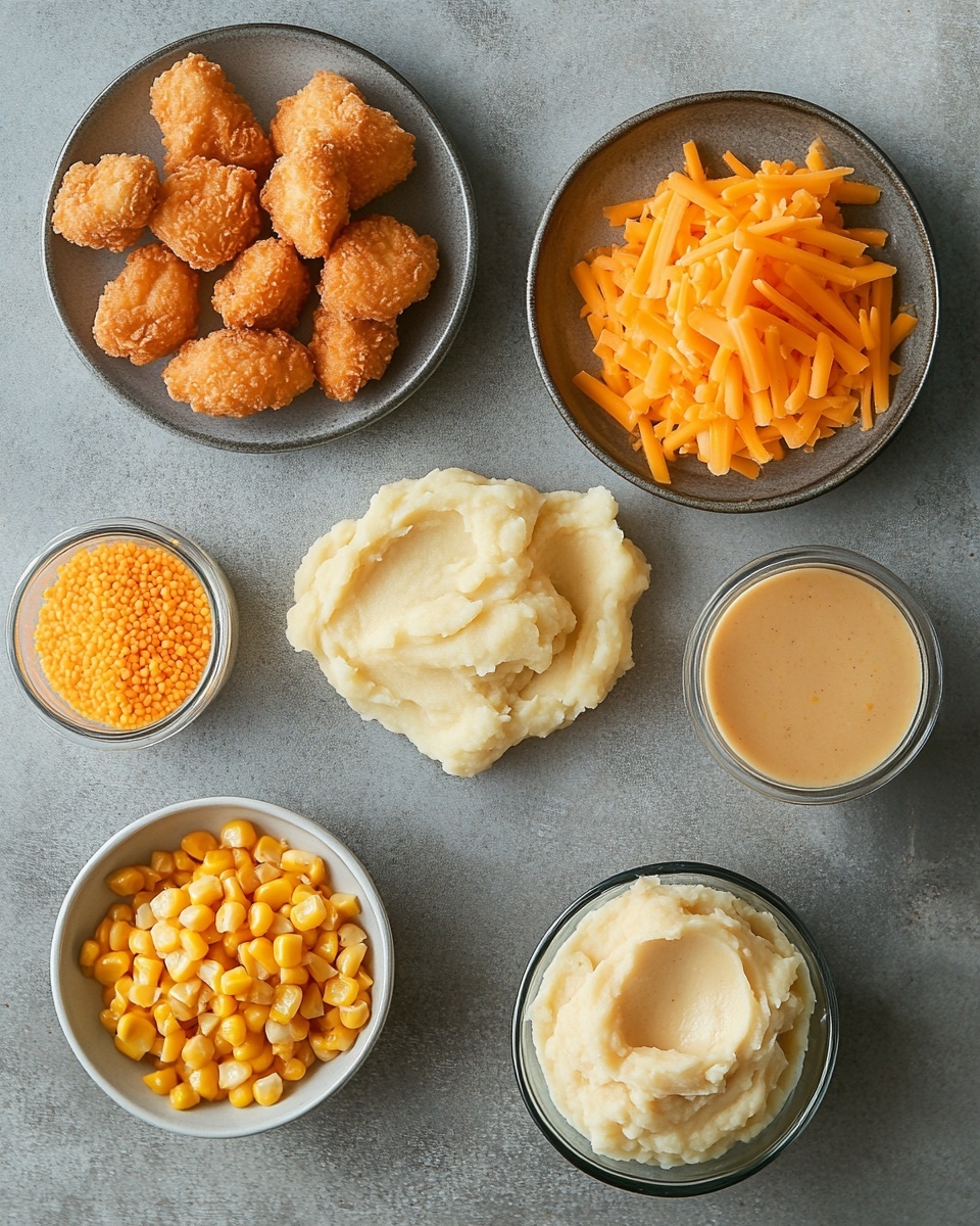 A white bowl holds a meal with three main parts: on the left and taking about half the bowl are golden brown crispy fried chicken bites with a crunchy texture; to the right of the chicken is a scoop of yellow corn mixed with some shredded orange and white cheese, sprinkled with small green herbs; below the chicken and corn is a generous portion of creamy mashed potatoes topped with light brown gravy that gently flows over the smooth white surface, and sprinkled with green herbs. In the background, on a white marbled surface, there is a small white bowl of brown gravy and a clear bowl filled with bright shredded orange cheese next to a silver fork and a black-and-white checkered cloth. photo taken with an iphone --ar 4:5 --v 7