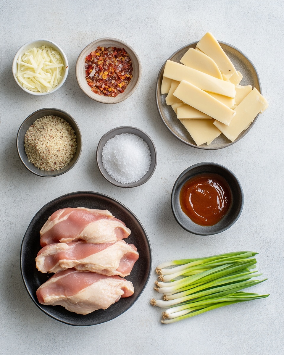 On a white plate, there are two pieces of cooked chicken with golden-brown grilled marks on top. Each piece is covered with a melted yellow cheese layer that looks soft and creamy. Over the cheese, small bright red diced tomatoes and finely chopped green herbs are sprinkled, adding fresh color contrast. The chicken sits in a light brown sauce that pools slightly around the edges of the plate. The background has a soft focus with hints of green leaves. The plate is placed on a white marbled surface photo taken with an iphone --ar 4:5 --v 7