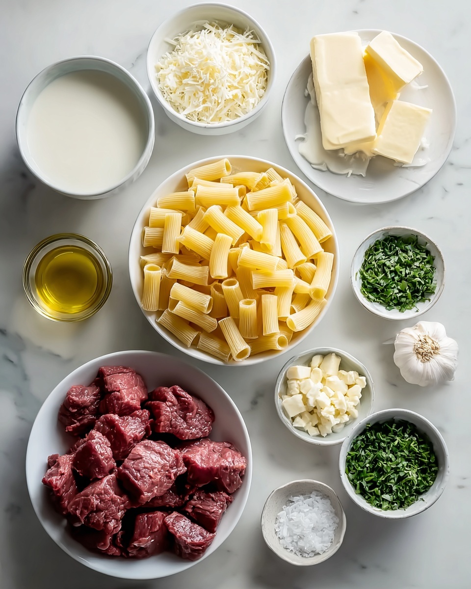 The image shows a white marbled surface with various white bowls and small glass containers arranged neatly. In the center, a large white bowl is filled with rigatoni pasta, light yellow in color with ridges. To the right, a white bowl holds chunks of raw dark red beef. Above this bowl, two small glass bowls contain finely chopped green herbs. On the left side, another small white plate has two pieces of pale yellow butter. Below it, a small glass cup has golden olive oil, and next to it, a small glass bowl contains white salt. Near the bottom left, a white bowl is filled with shredded white cheese. Lastly, a small glass cup at the bottom center contains several peeled garlic cloves. The arrangement is clean and organized, with all items placed directly on the white marbled surface photo taken with an iphone --ar 4:5 --v 7