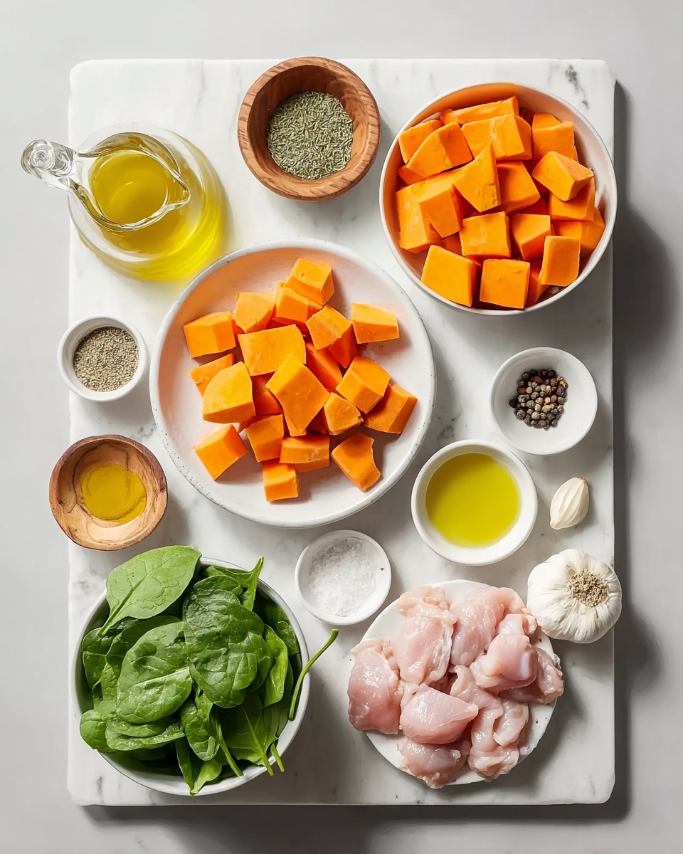 A white bowl is filled with three main layers arranged side by side. On the left, there are light beige grilled chicken pieces with dark grill marks, topped with a creamy white sauce speckled with green herbs. In the middle, bright orange roasted sweet potato cubes with a slightly charred edge are sprinkled with small green herb flakes. On the right, there is a bed of chopped kale, dark green with a slightly shiny and leafy texture. The bowl sits on a white marbled surface. photo taken with an iphone --ar 4:5 --v 7