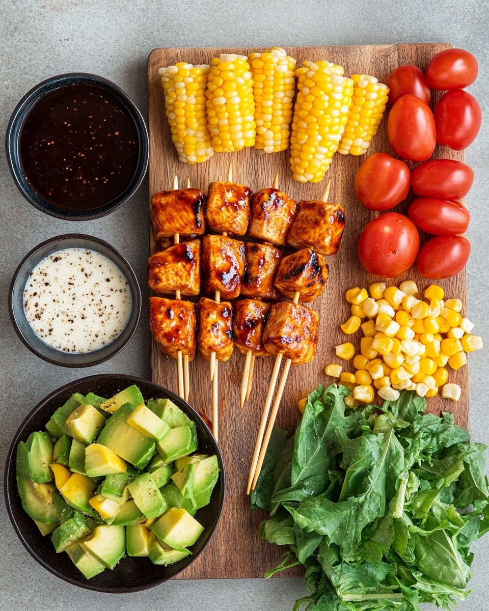 The image shows two wooden skewers with grilled chicken pieces that have dark char marks, lying on a bed of fresh green lettuce mixed with creamy dressing. Around the chicken are slices of avocado in light green layered like a fan on the left side, bright yellow corn kernels, halved cherry tomatoes, and a few black beans scattered throughout the salad. The dish is served on a white plate placed on a white marbled surface, with a second similar plate blurred in the background. photo taken with an iphone --ar 4:5 --v 7
