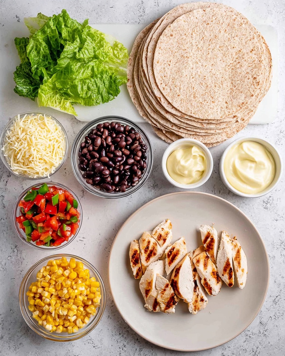The image shows ingredients for a wrap laid out on a white marbled surface. On the right, there is a stack of five round whole wheat tortillas with a light brown speckled texture. Below the tortillas, three grilled chicken pieces with golden grill marks sit in a scalloped white bowl. To the left, there are small bowls arranged in a semi-circle: one with bright red diced tomato salsa with bits of green and white, one with shiny black beans, one with golden yellow corn kernels, one with shredded pale yellow cheese, and one with creamy white sauce. Above these bowls, three large bright green romaine lettuce leaves are placed in a small bunch. The photo taken with an iphone --ar 4:5 --v 7