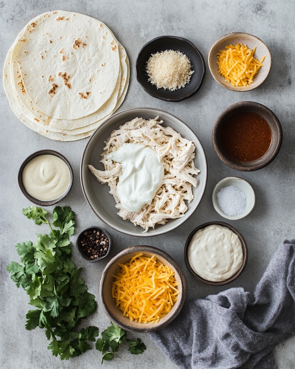 Two enchiladas covered with melted orange cheese and garnished with green cilantro leaves lie side by side on a white plate with blue stripes. One enchilada is broken open at the front, revealing shredded light-colored chicken inside, with a silver fork resting near it. There is a bright green lime wedge behind the enchiladas on the right side of the plate. In the background, a brown bowl filled with yellow corn is slightly blurred. The scene is set on a white marbled surface with some lime wedges and cilantro leaves scattered around. Photo taken with an iphone --ar 4:5 --v 7