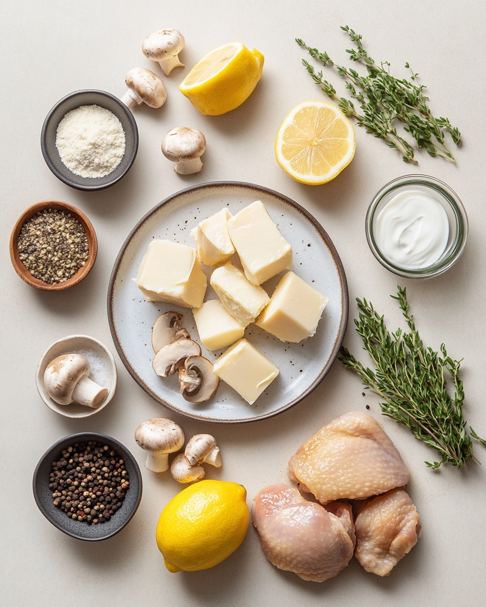 The image shows a close-up view of a creamy pasta dish with three main layers. The bottom layer is made of rigatoni pasta, light golden yellow and ribbed, filling most of the frame. Scattered among the pasta are mushroom pieces, dark brown with a smooth texture, and chicken pieces, pale beige with a slightly browned surface. The top layer is a creamy sauce, light beige and glossy, coating the pasta and other ingredients. Fresh green parsley leaves are sprinkled on top, adding a pop of color against the creamy backdrop. The dish is set on a white marbled surface. Photo taken with an iphone --ar 4:5 --v 7