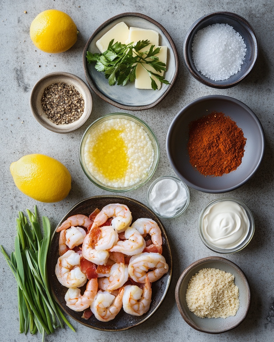 The dish shows a white bowl filled with a creamy light beige base layer that looks smooth and thick, probably mashed or pureed. On top, there are several golden brown shrimp with a slightly charred texture, mixed with small crispy reddish-brown bacon pieces scattered throughout. The shrimp and bacon are coated in a shiny, rich-looking brown sauce that seeps into the creamy base. Small green herb pieces are sprinkled over the top for color contrast. The bowl sits on a white marbled surface. photo taken with an iphone --ar 4:5 --v 7
