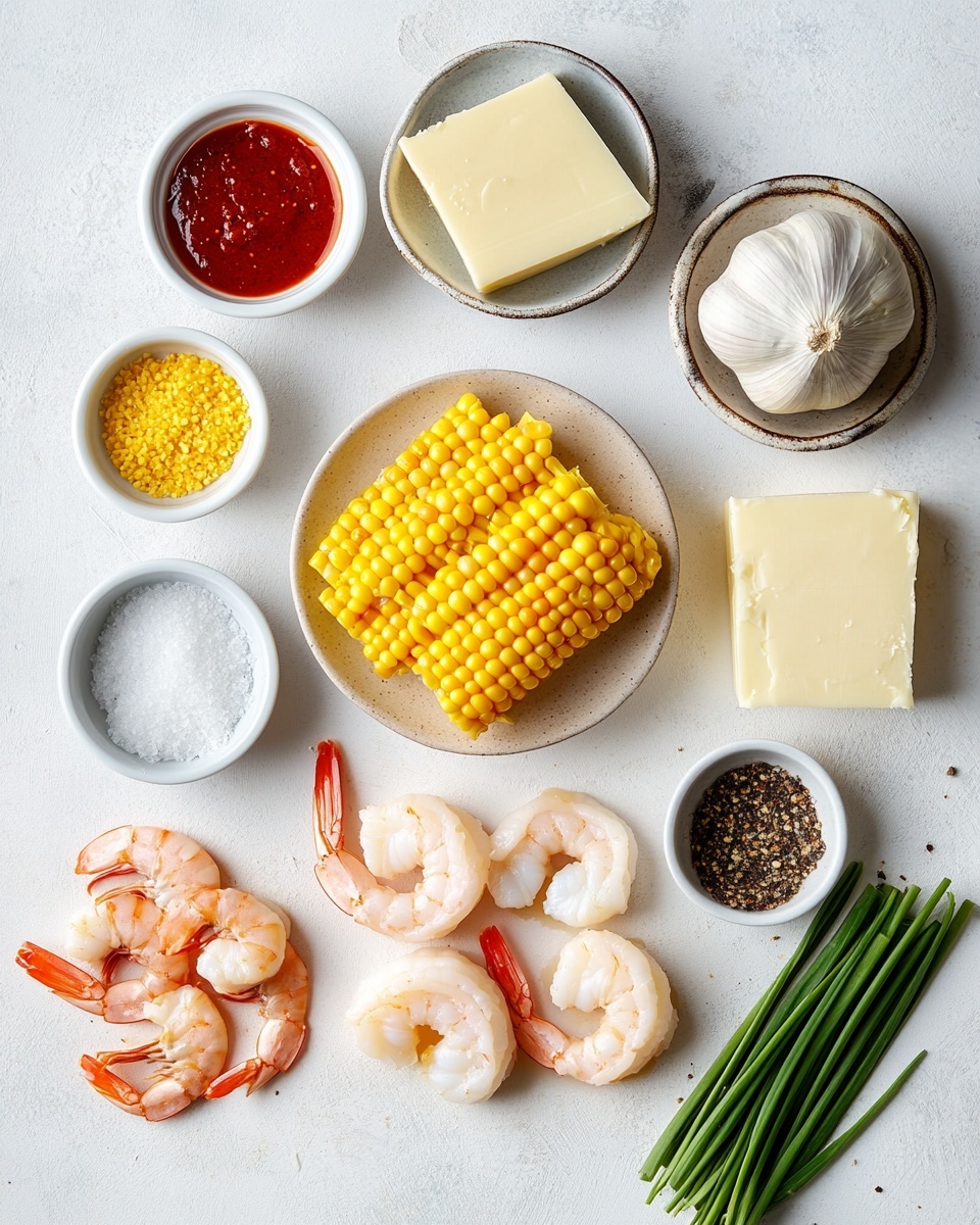 A white plate with a smooth, creamy base layer of light yellow grits spread evenly across the bottom. On top, there are several pieces of golden brown, grilled shrimp placed in the center, showing a slightly crispy texture with visible grill marks. Small pieces of grilled sweet corn are scattered around the shrimp, adding light yellow pops of color. Fresh chopped green chives are sprinkled lightly over the shrimp, corn, and grits, adding a bright green accent. There is a small pool of orange sauce peeking through the grits near the shrimp. The plate is set on a white marbled surface. photo taken with an iphone --ar 4:5 --v 7