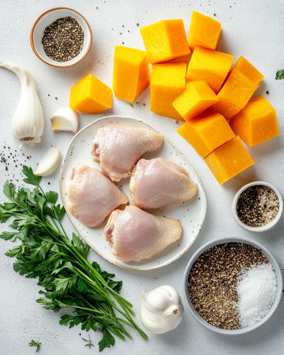 A white speckled baking dish filled with a baked dish showing three main layers: the bottom layer is chunky, bright orange roasted butternut squash pieces mixed with small translucent pieces of cooked leeks; the middle layer consists of a creamy, slightly browned sauce with a smooth texture that melds into the vegetables; the top layer features browned, cooked chicken pieces with a slightly crispy surface, scattered evenly and sprinkled with finely chopped green herbs, adding a fresh touch. The dish is placed on a white marbled surface with a green and white checkered cloth and a metal serving spoon with a wooden handle next to it. photo taken with an iphone --ar 4:5 --v 7
