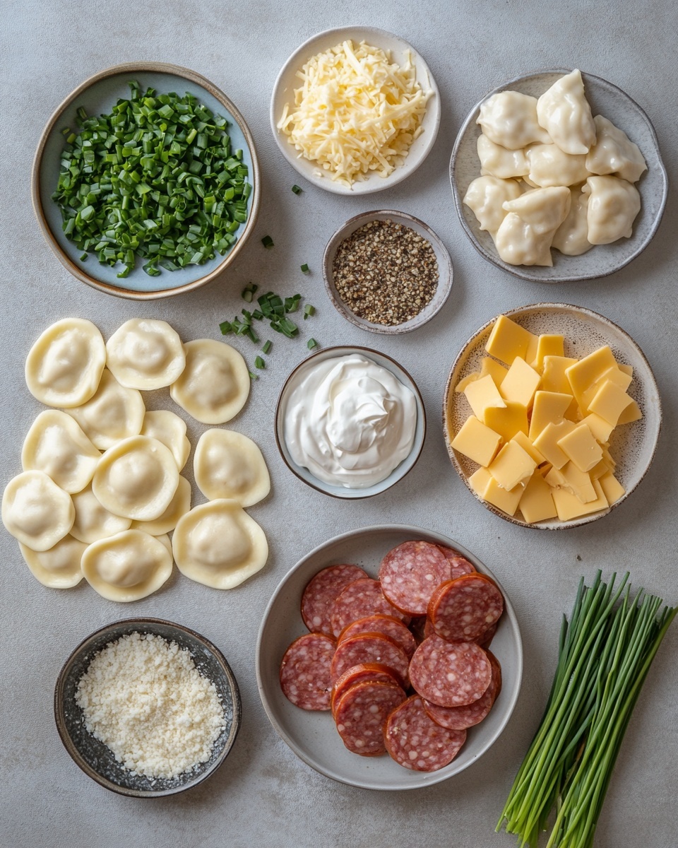 The dish shows a white bowl filled with two main layers: the bottom layer consists of cooked onions and a sauce that is golden brown, slightly shiny, and thick; the upper layer has golden-yellow ravioli with slightly crinkled edges, scattered round slices of reddish-brown sausage, and small green herb pieces sprinkled on top; some black pepper grains are visible throughout, adding texture and color contrast; the bowl edges have light brown sauce marks, and the bowl sits on a white marbled surface. photo taken with an iphone --ar 4:5 --v 7