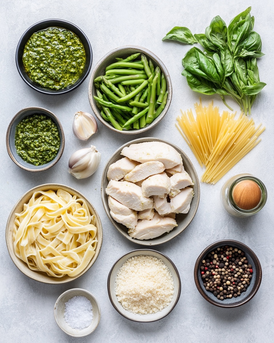 A close-up view of creamy chicken and asparagus fettuccine pasta in a black pan with blue handles, resting on a white marbled surface. The dish has three main layers: long, flat, pale yellow fettuccine noodles at the base, coated with a smooth, light cream sauce; bright green asparagus pieces cut into segments scattered evenly throughout; and tender, pale beige chicken strips mixed in, seasoned with specks of black pepper. A wooden spoon is placed inside the pan, slightly dipping into the pasta. On the upper right side near the pan, there is a piece of light brown crusty bread. The overall look is creamy and fresh, with green pops from the asparagus. Photo taken with an iphone --ar 4:5 --v 7