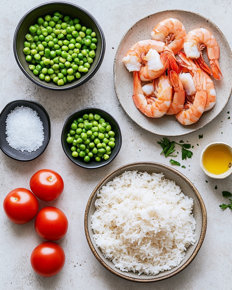 The image shows a close-up of a dish with cooked shrimp, golden-brown on the outside, resting on a bed of orange-colored rice mixed with green peas and small bits of herbs. Bright yellow lemon slices with green herb pieces are placed on top of the rice, adding contrast to the warm tones of the shrimp and rice. The textures include the firm, slightly crispy shrimp shells, the fluffy rice grains, and the juicy lemon slices. The whole dish is set against a white marbled surface that highlights the colors of the food. photo taken with an iphone --ar 4:5 --v 7