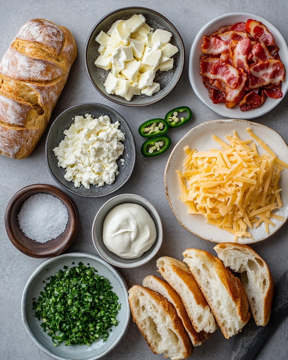 The dish shows several rectangular slices of cheesy bread on a white marbled surface. The base is a thick, light golden crust that looks soft inside with a slightly crispy outside. On top, there is a thick layer of melted cheese that is golden brown in some parts, with creamy white cheese underneath. Thin green jalapeño slices are scattered evenly on the cheese, adding a pop of color and texture contrast. The bread looks fresh and warm, and the cheese's surface is slightly bubbly and browned. photo taken with an iphone --ar 4:5 --v 7