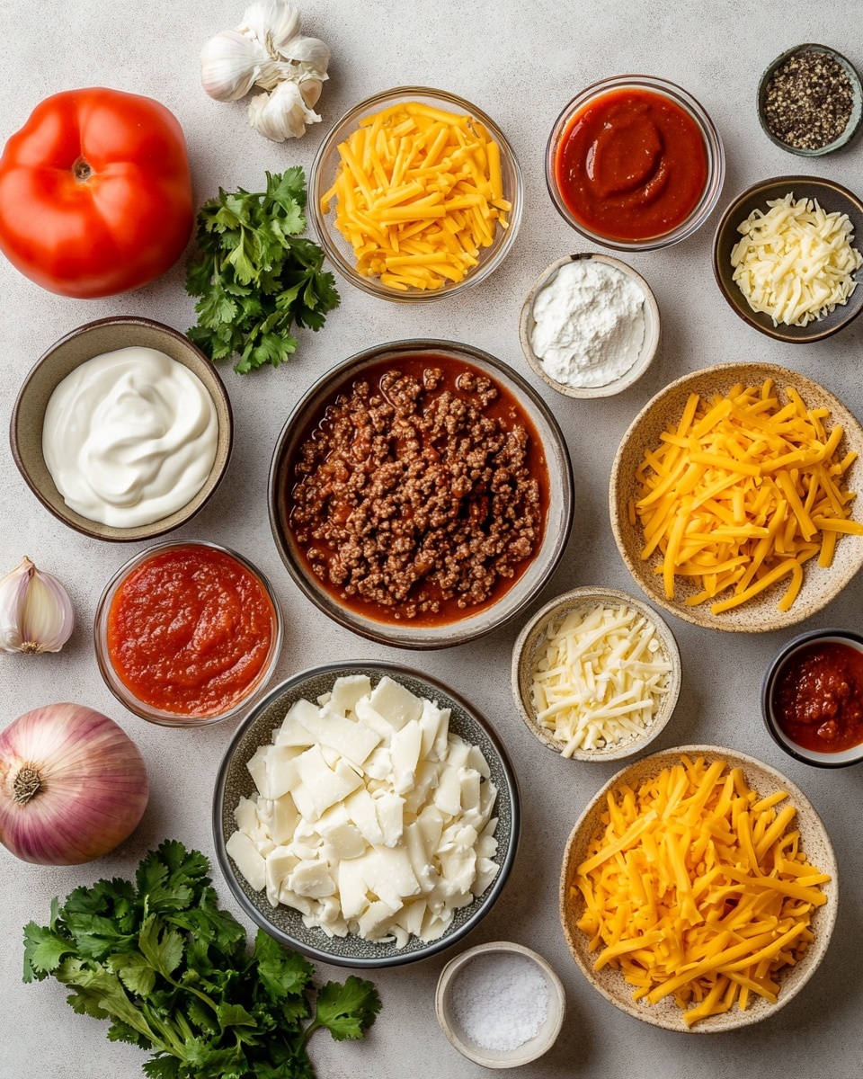 A white rectangular casserole dish filled with six rolled tortillas arranged in a single layer, each covered with melted golden and white cheese that stretches over the edges. Underneath the tortillas, there is a rich, chunky dark brown meat sauce visible along the sides and between the rolls. Bright red sauce coats the bottom of the dish and slightly seeps onto the tortillas. The enchiladas are sprinkled with finely chopped green cilantro leaves and small cubes of purple and white onion on top, adding fresh color contrast. The dish rests on a white marbled textured surface. Photo taken with an iphone --ar 4:5 --v 7