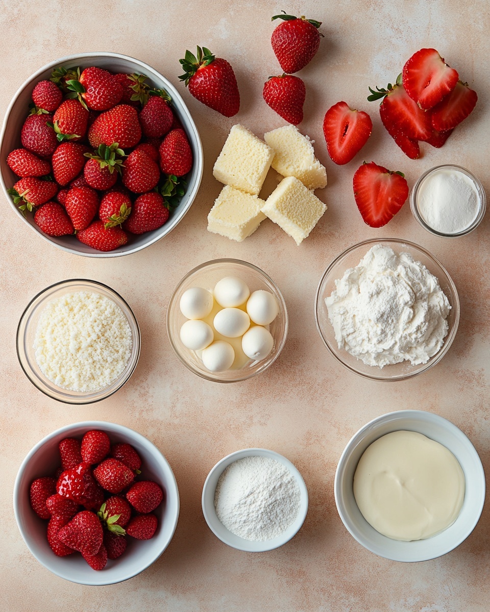 A slice of cheesecake with a golden brown crust at the bottom, thick creamy pale yellow cheese layer with bits of red strawberry swirled inside, topped with a bright red strawberry in the center. Around the strawberry, there are three dollops of white whipped cream evenly spaced. White chocolate shavings and white chocolate drizzle cover the top and sides of the cheesecake. The plate underneath is white and the background has a white marbled texture. A bite of cheesecake sits on a fork in front of the slice. Photo taken with an iphone --ar 4:5 --v 7