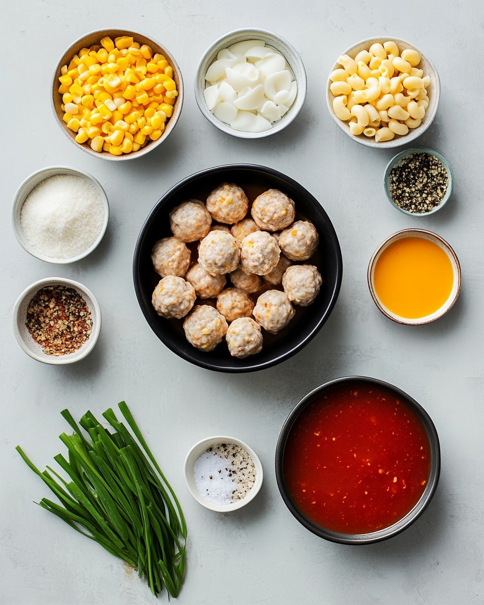 The image shows a close-up of a plate with a layered pasta dish. At the bottom, there are medium-sized pasta shells that are light golden yellow, with a smooth yet slightly ridged texture. On top of the pasta shells, there are several browned meatballs that look juicy and tender with a slightly crispy outside. The meatballs have a dark brown color with some seasoning specks visible. The dish is garnished with small, bright green chopped pieces, likely to be herbs or green onions, scattered on top. The plate is white and sits on a white marbled surface. Photo taken with an iphone --ar 4:5 --v 7