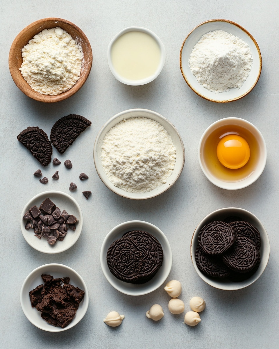 A close-up view of soft, thick cookies stacked on a white marbled surface, about two layers high, showing the top cookie clearly. The cookies have a light cream base with black cookie pieces and large white chocolate chips mixed inside, giving a speckled look. The black cookie pieces vary in size and are scattered unevenly on the surface. The cookies have a bumpy texture with visible chunks of white and black, making them look rich and chunky. The background is blurred but bright, focusing on the glossy contrast between the white chocolate and dark cookie pieces. photo taken with an iphone --ar 4:5 --v 7