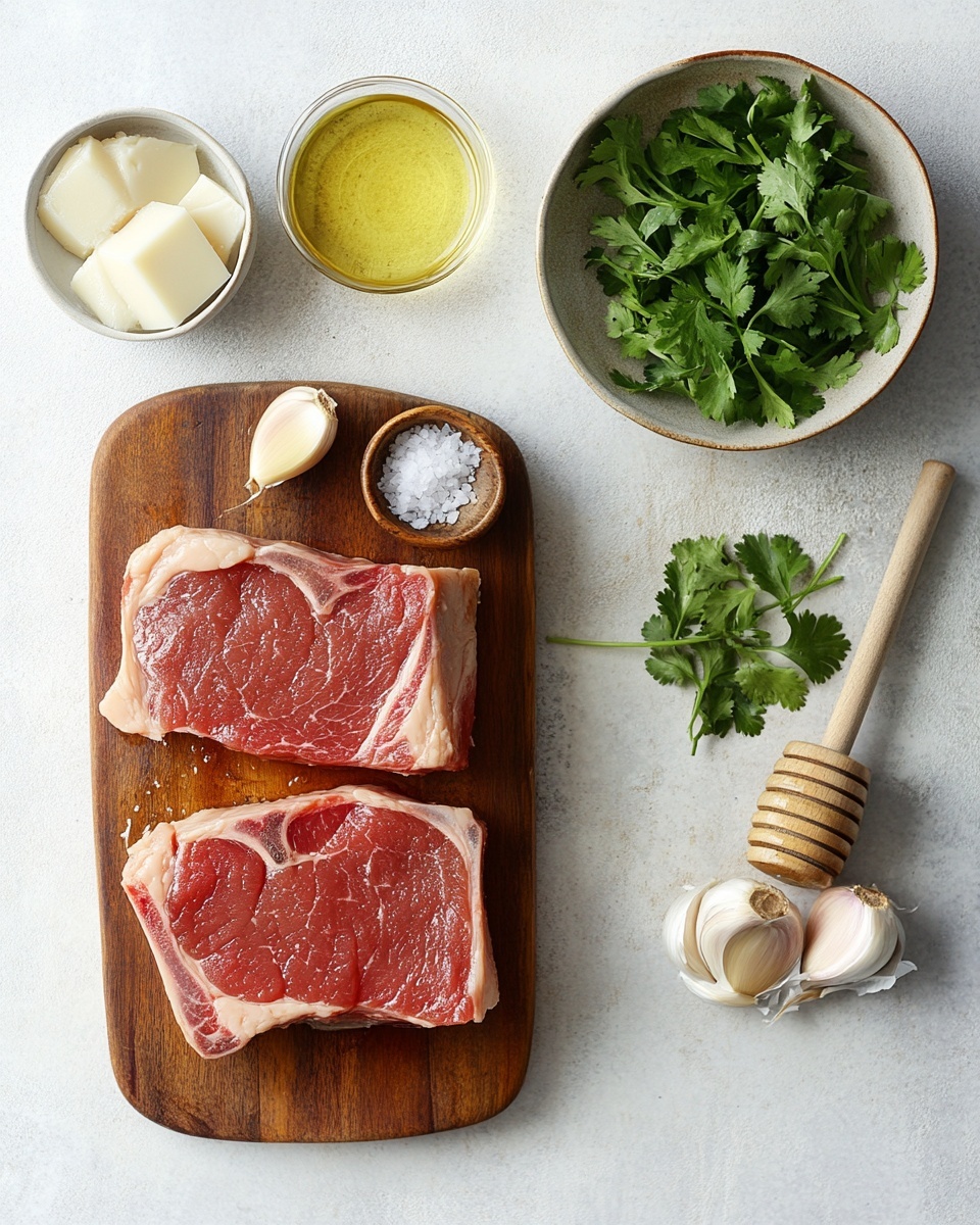 Three pieces of golden brown meat with a shiny glaze sit inside a black cast iron pan. Each piece has a slightly crispy edge with small bits of garlic or seasoning visible on the surface. The meat is sprinkled with small green herb pieces, adding contrast to the warm tones. The pan rests on a white marbled surface. photo taken with an iphone --ar 4:5 --v 7