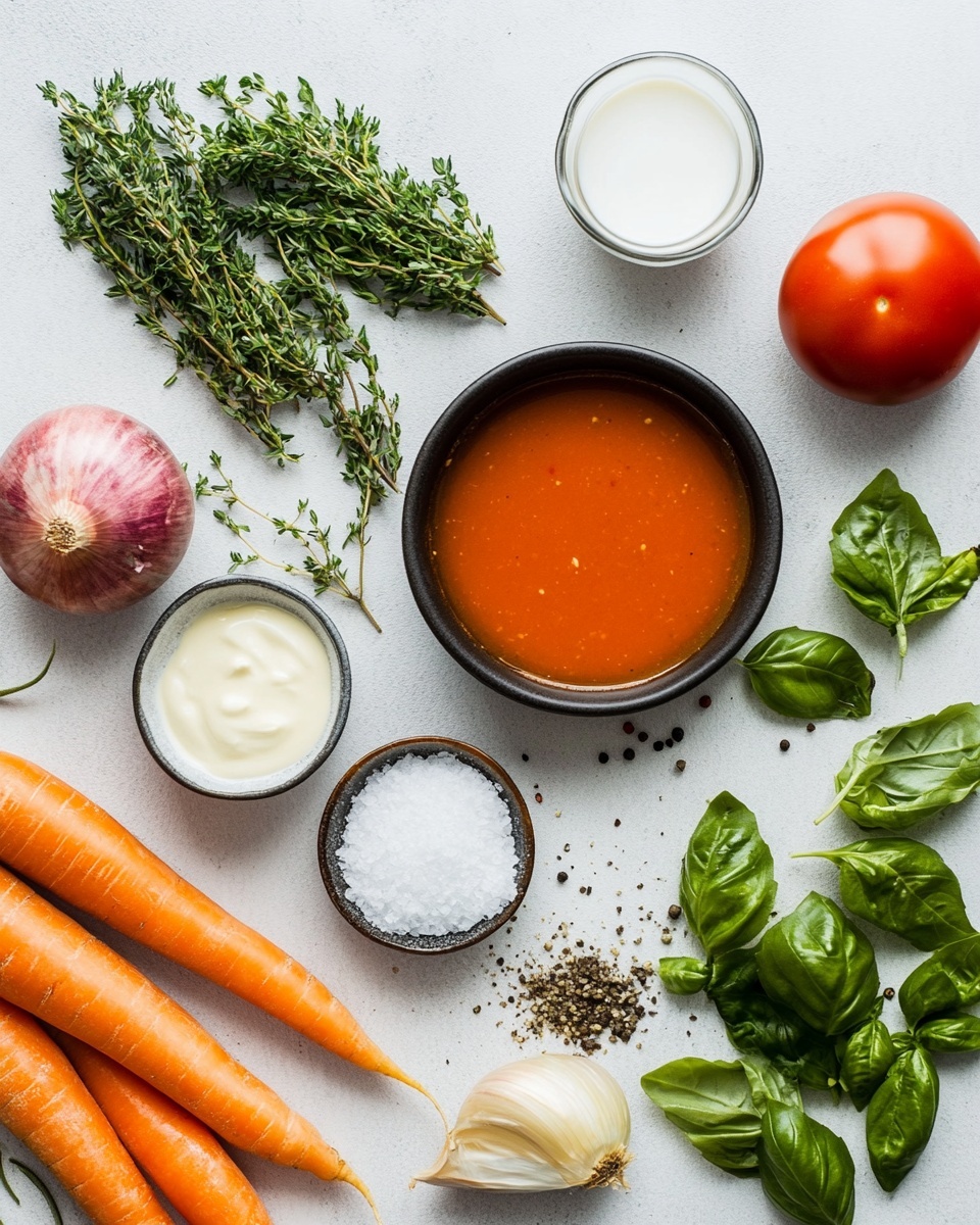 A creamy orange soup fills three white bowls, each topped with small bright green basil leaves and scattered cracked black pepper and red chili flakes. One white bowl is in the foreground, set on a light blue striped cloth napkin with a wooden-handled spoon inside it. Two golden-brown toasted sandwich triangles rest on the right side of the napkin, placed on a white plate. The background is a white marbled surface, with fresh basil leaves and a wooden ladle with soup partially visible in the top left corner. The soup looks smooth with a shiny surface and a warm, inviting color. Photo taken with an iphone --ar 4:5 --v 7