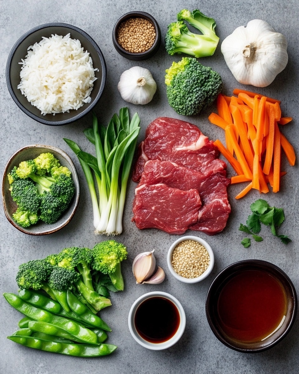 The image shows a close-up of a dish with several layers. The bottom layer has green broccoli florets scattered around the plate. On top of this, there are bright green sugar snap peas. Mixed with the vegetables are thin dark brown pieces of cooked beef, each piece coated in a glossy sauce. There are also strips of yellow, orange, and red bell peppers adding bright pops of color throughout the dish. Small chopped green onions are sprinkled on the beef pieces, adding a fresh touch. The whole dish sits on a white marbled surface. Photo taken with an iphone --ar 4:5 --v 7