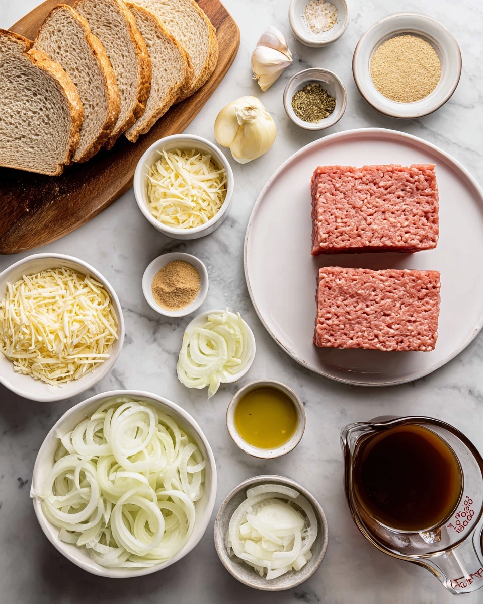 The image shows various ingredients arranged neatly on a white marbled surface. There is a wooden board with slices of light brown bread on the top left. Next to it, on the right, a white plate holds two thick square blocks of raw ground meat with a pinkish-red color. Surrounding these main items are several small white bowls and dishes filled with different ingredients: shredded pale yellow cheese in a large bowl near the center, thinly sliced white onion rings on the left bottom, finely chopped white onion in a bowl just above the sliced onions, a small bowl with light brown powder, and other small bowls containing mustard, minced garlic, ground black pepper, salt, olive oil, a small amount of milk, and a dark brown liquid sauce. There is also a clear glass measuring cup filled with dark brown broth. The ingredients are all clearly separated and the scene is well lit. photo taken with an iphone --ar 4:5 --v 7