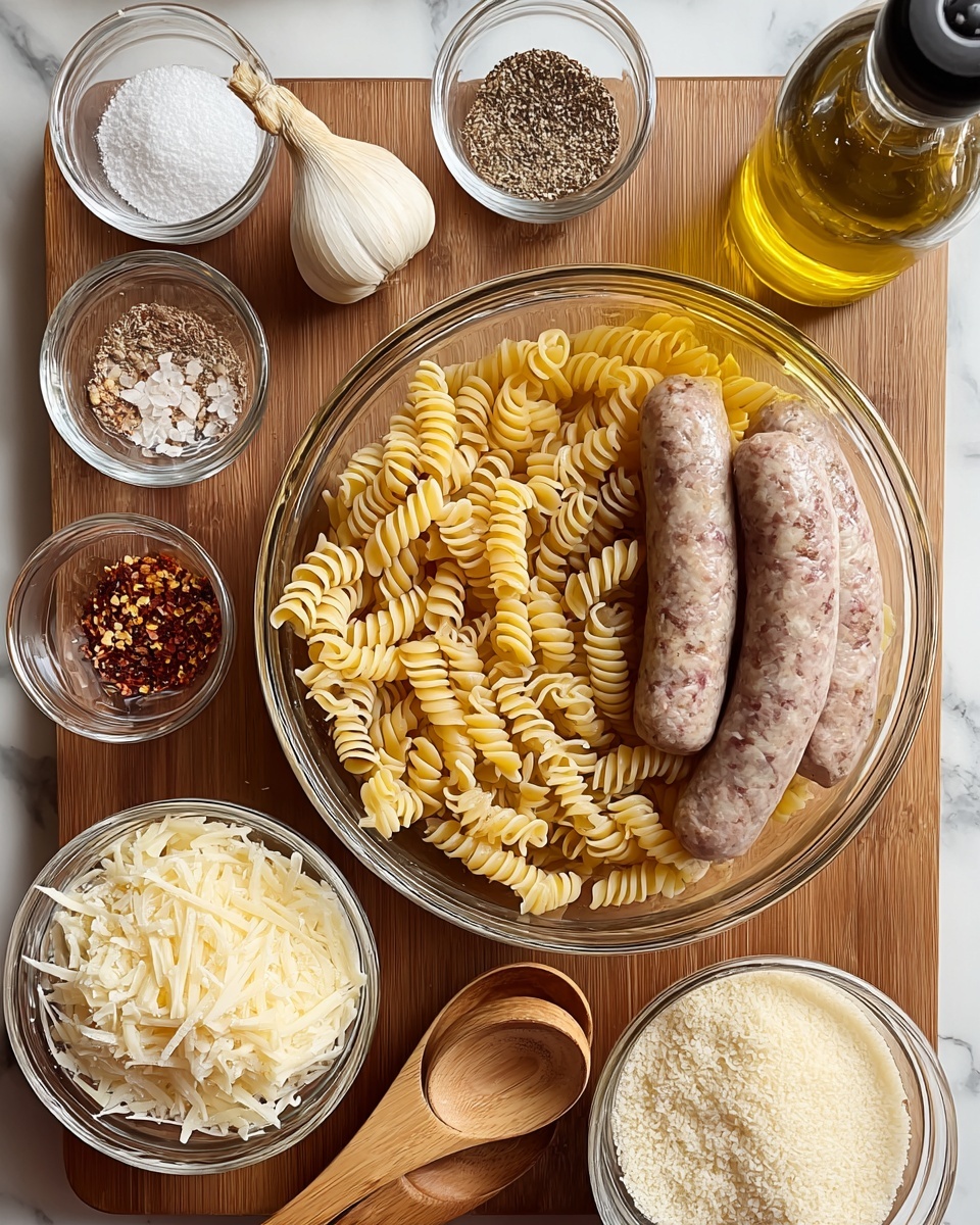 A clear glass bowl is centered on a wooden board, holding two layers: the bottom layer is a nest of light yellow spiral pasta, and the top layer has five raw sausages aged with visible bits of seasoning inside, placed on the right side of the bowl. Surrounding the bowl are small clear glass containers and wooden spoons filled with various ingredients. Starting from the top left corner going down, there is a cup of fine white powder on the wooden board, then a cup of crushed red pepper flakes, followed by a cup filled with coarse salt. Beneath that is a cup of thin, off-white cheese shavings with a few on the board. To the right of the cheese is a small wooden spoon filled with the same coarse salt. Below the bowl on the right side is another cup filled with fine white powder. To the top right of the bowl, on the wooden board, are a bottle of golden olive oil, a black pepper shaker next to a garlic bulb, and a wooden spoon with granulated salt. The entire setup is on a white marbled surface. Photo taken with an iphone --ar 4:5 --v 7